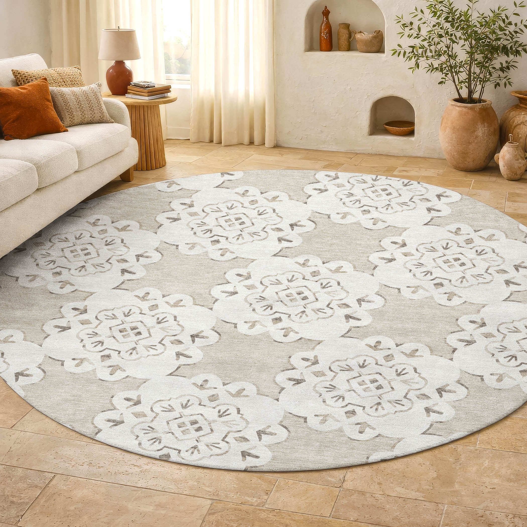 Mostar Machine Washable Transitional Beige Brown Rug 8' x 8' #shape_Round