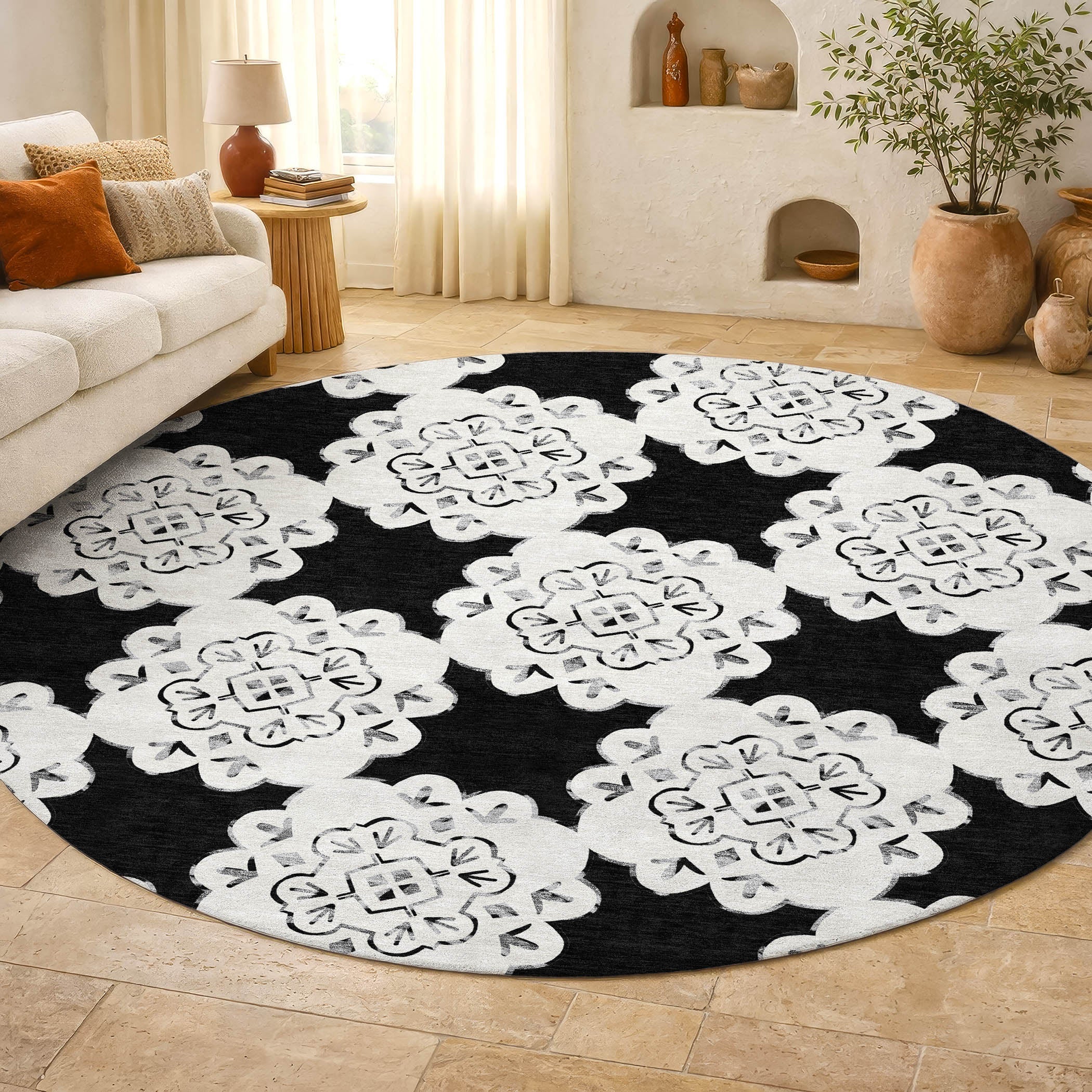 Mostar Machine Washable Transitional Black Rug 8' x 8' #shape_Round