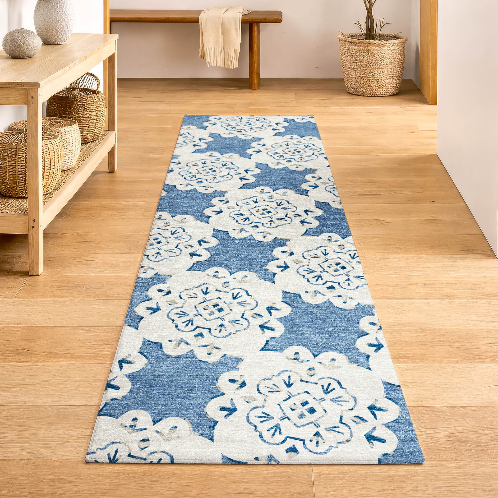 Mostar Machine Washable Transitional Blue Rug 2'3" x 7'6" #shape_Runner