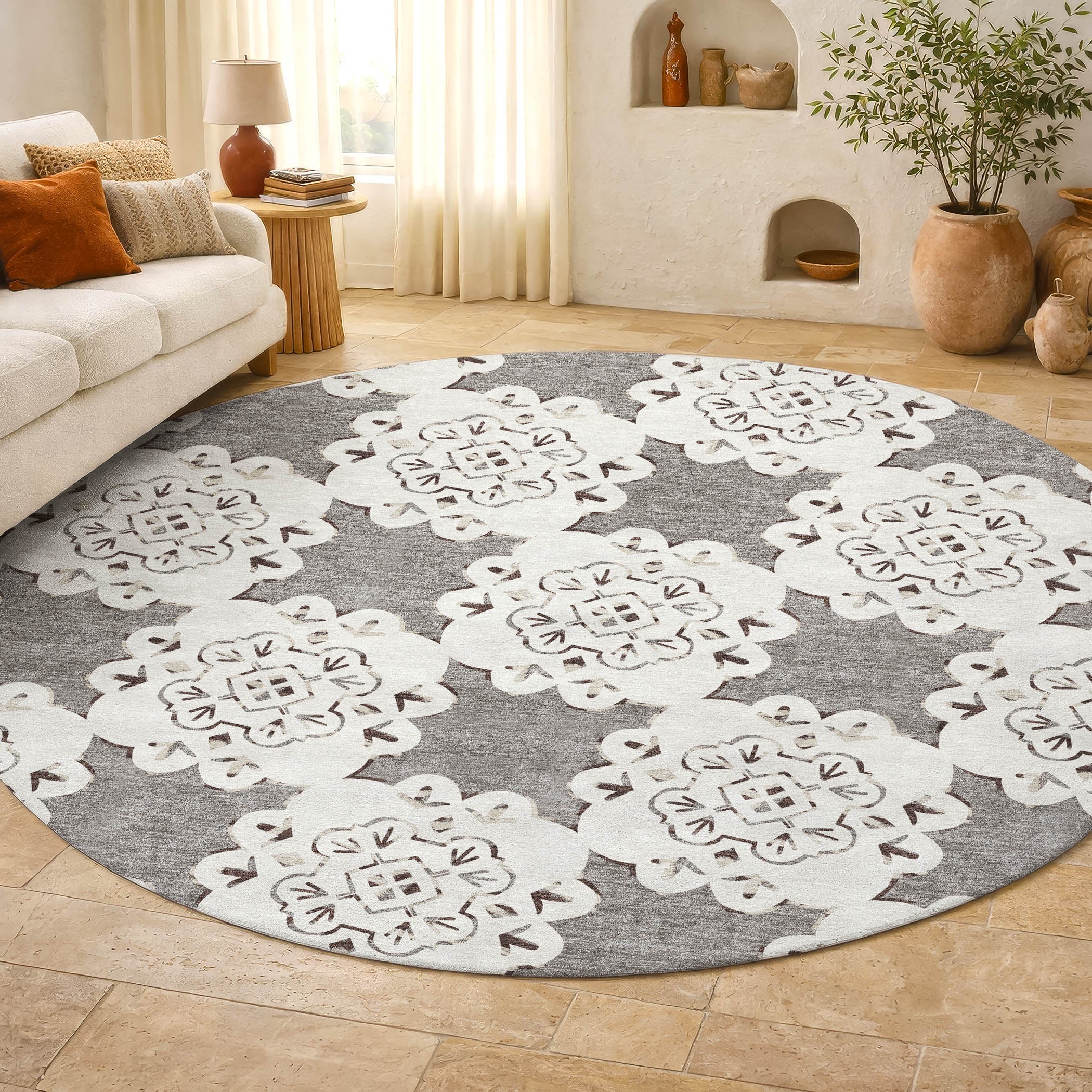 Mostar Machine Washable Transitional Taupe Brown Rug 8' x 8' #shape_Round