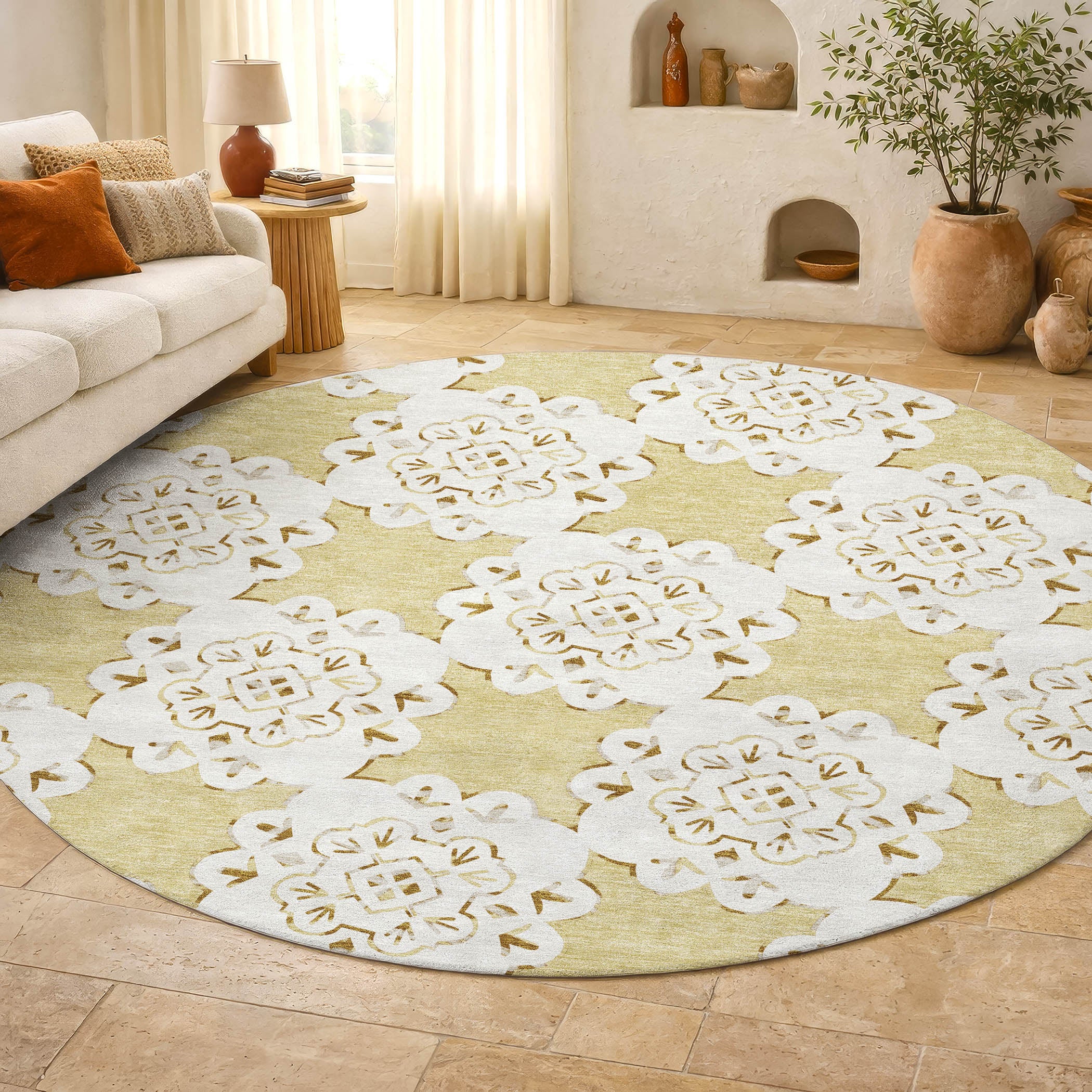 Mostar Machine Washable Transitional Wheat Gold Rug 8' x 8' #shape_Round
