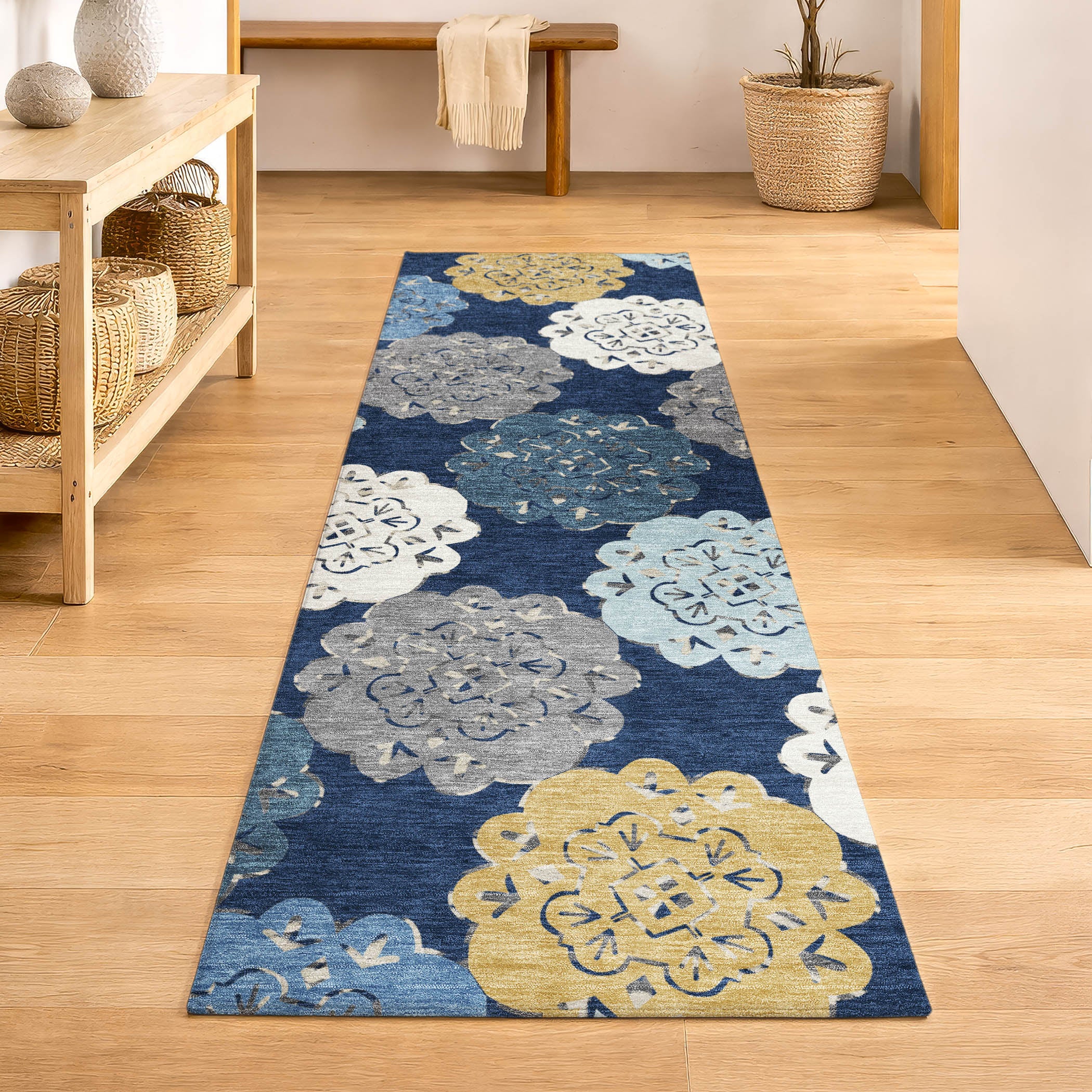 Bern Machine Washable Transitional Navy Blue Rug 2'3" x 7'6" #shape_Runner