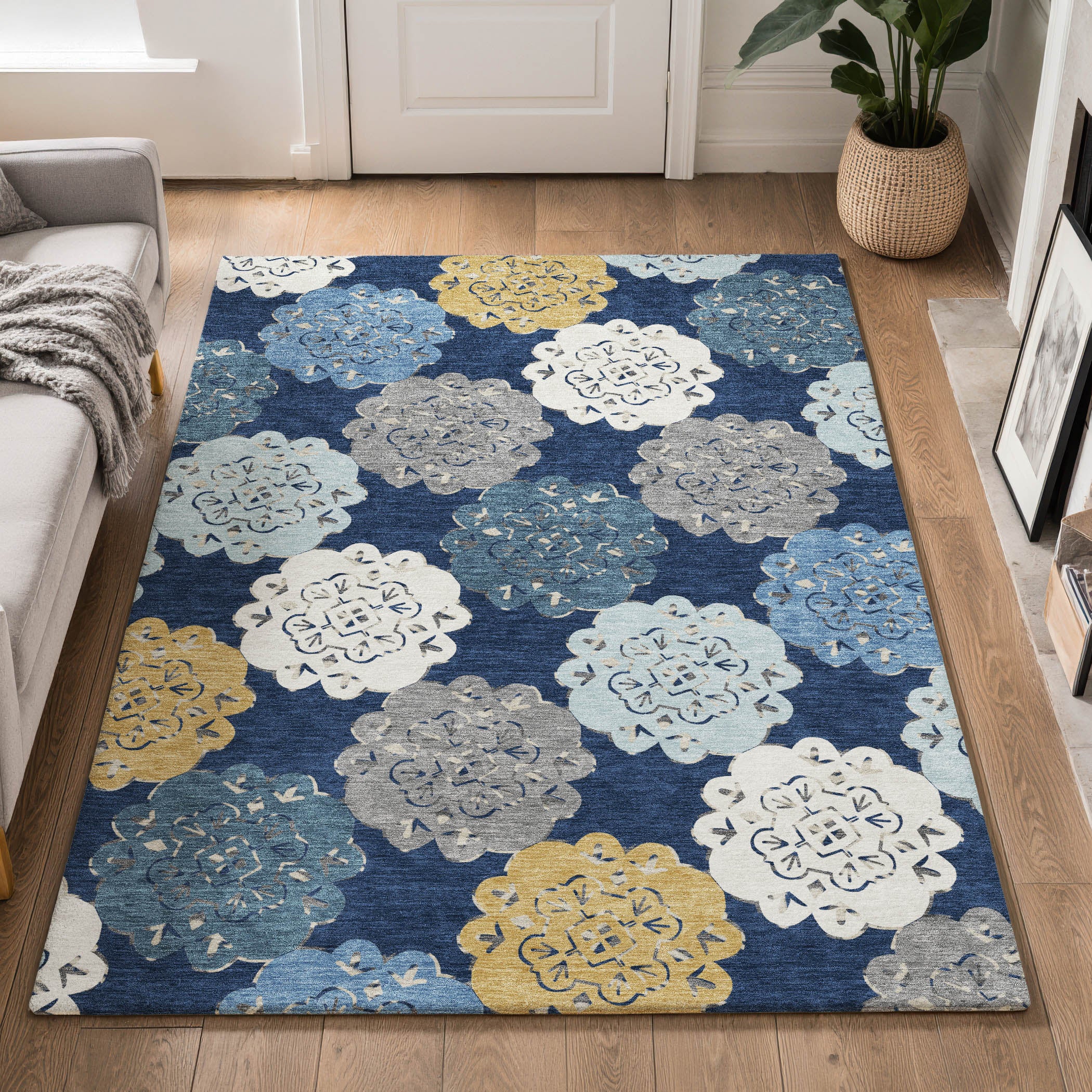 Bern Machine Washable Transitional Navy Blue Rug 3' x 5' #shape_Rectangle