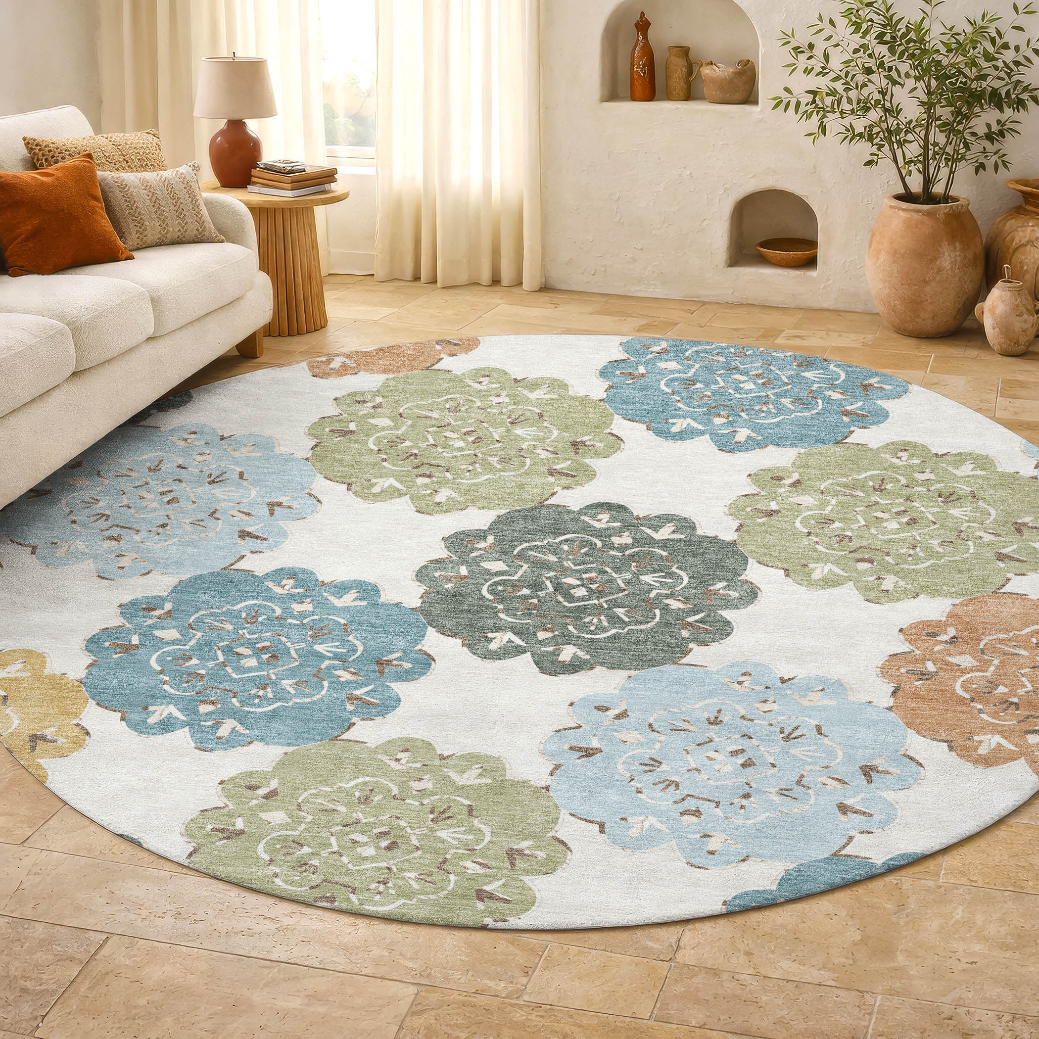 Bern Machine Washable Transitional Seaside Multi Rug 8' x 8' #shape_Round