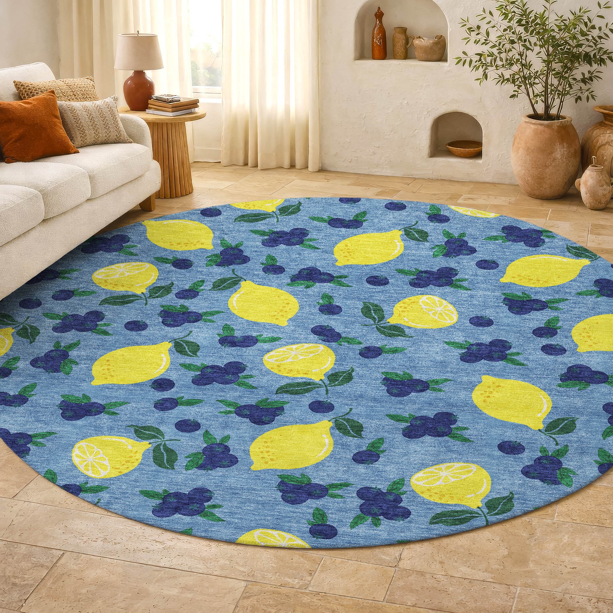 Lucerne Machine Washable Transitional Denim Blue Rug 8' x 8' #shape_Round