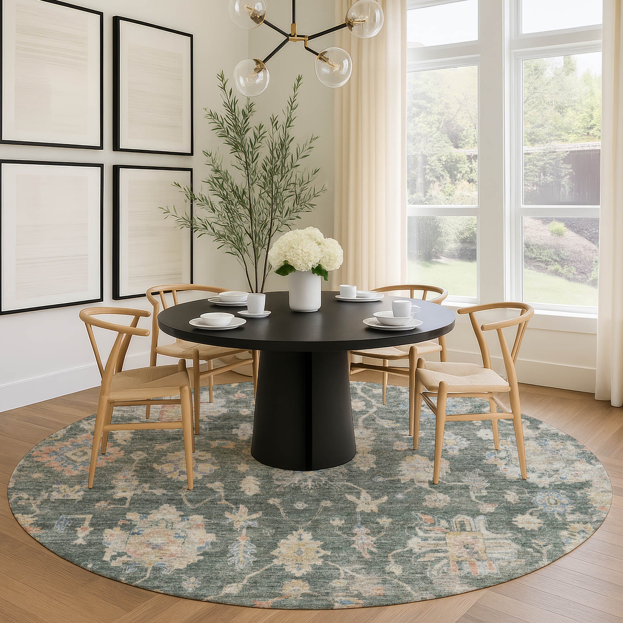 Seville Machine Washable Transitional Basil Green Rug 8' x 8' #shape_Round