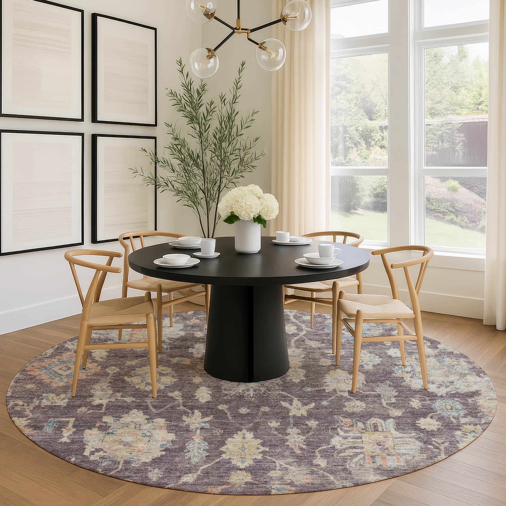 Seville Machine Washable Transitional Eggplant Purple Rug 8' x 8' #shape_Round