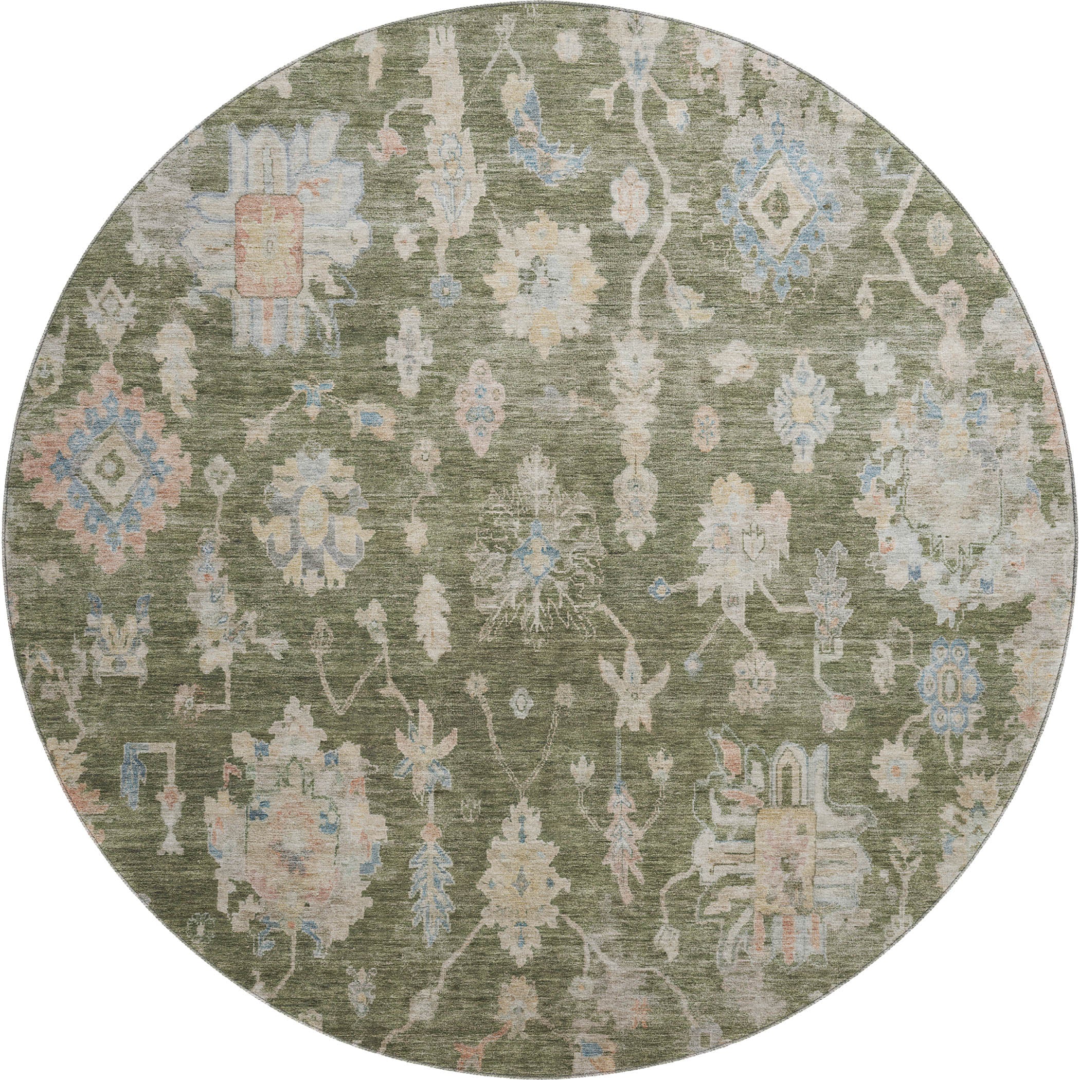 Seville Machine Washable Transitional Olive Green Rug 8' x 8' #shape_Round
