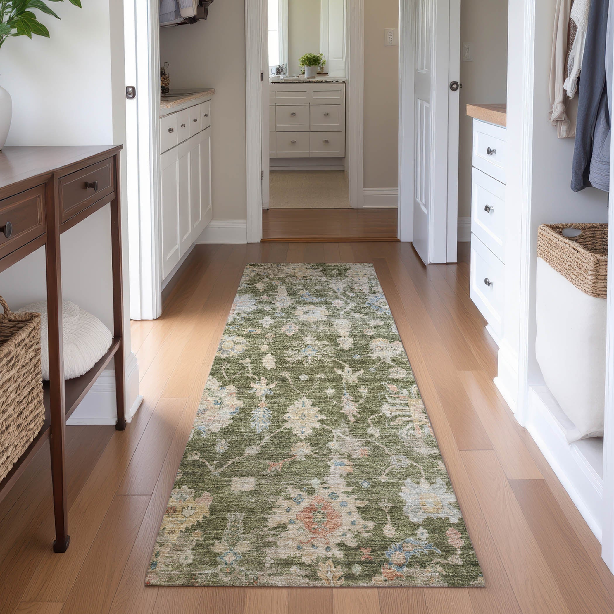 Seville Machine Washable Transitional Olive Green Rug 2'3" x 7'6" #shape_Runner
