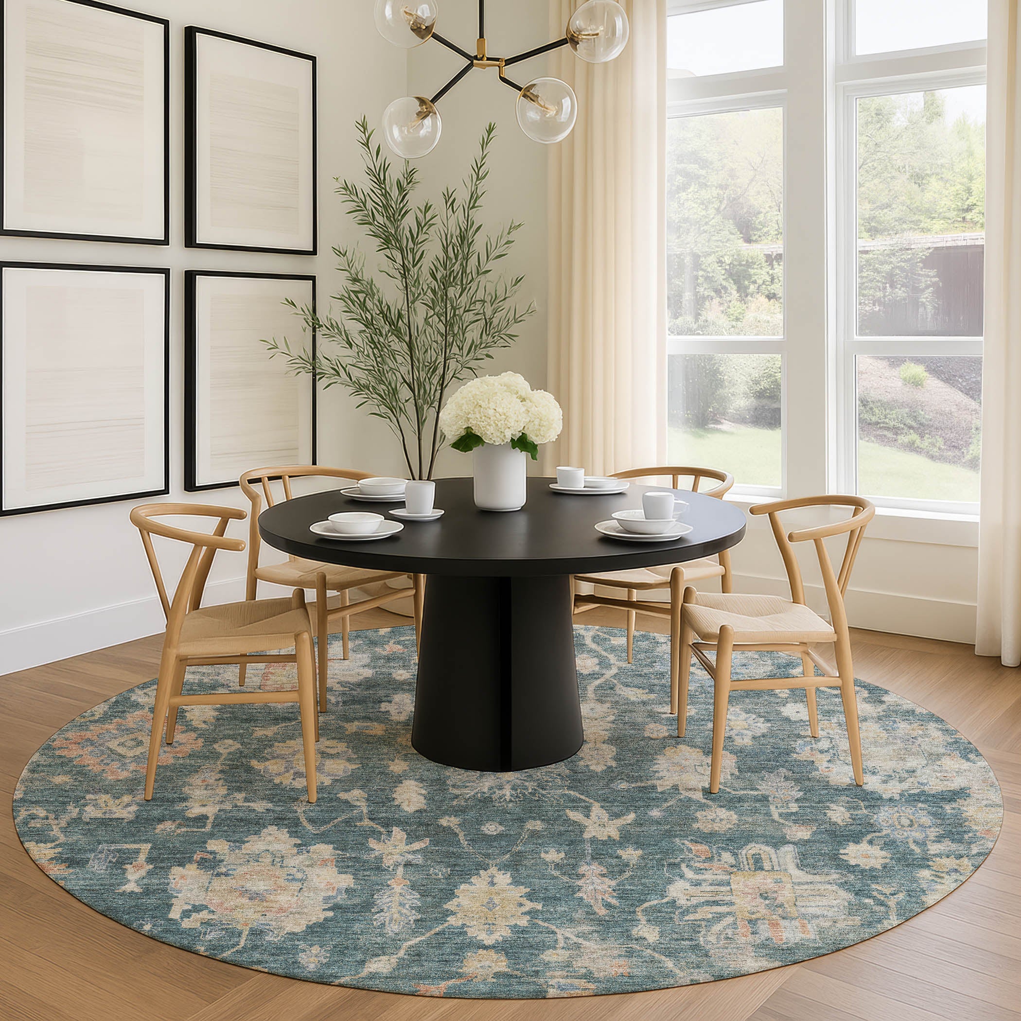 Seville Machine Washable Transitional Teal Rug 8' x 8' #shape_Round