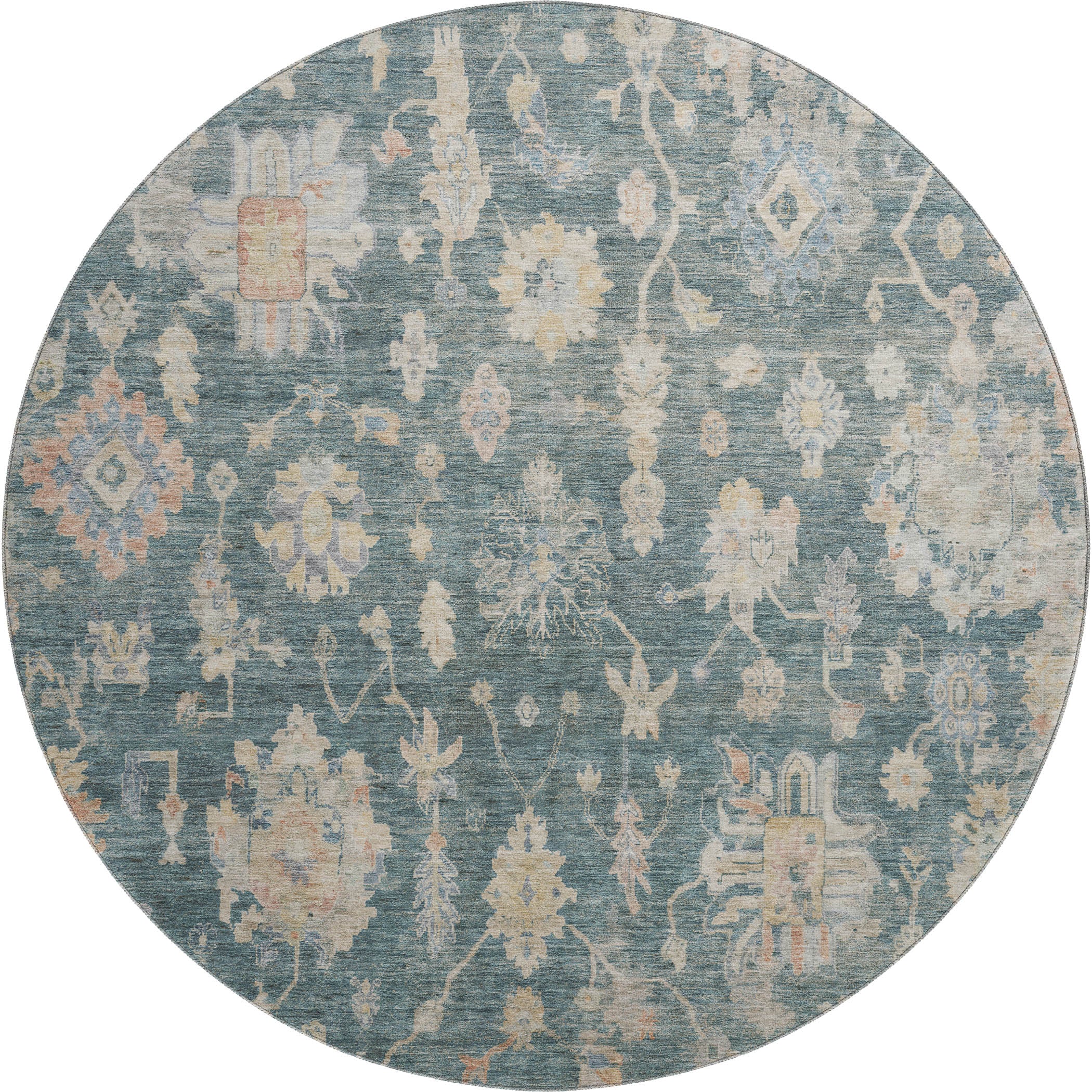 Seville Machine Washable Transitional Teal Rug 8' x 8' #shape_Round