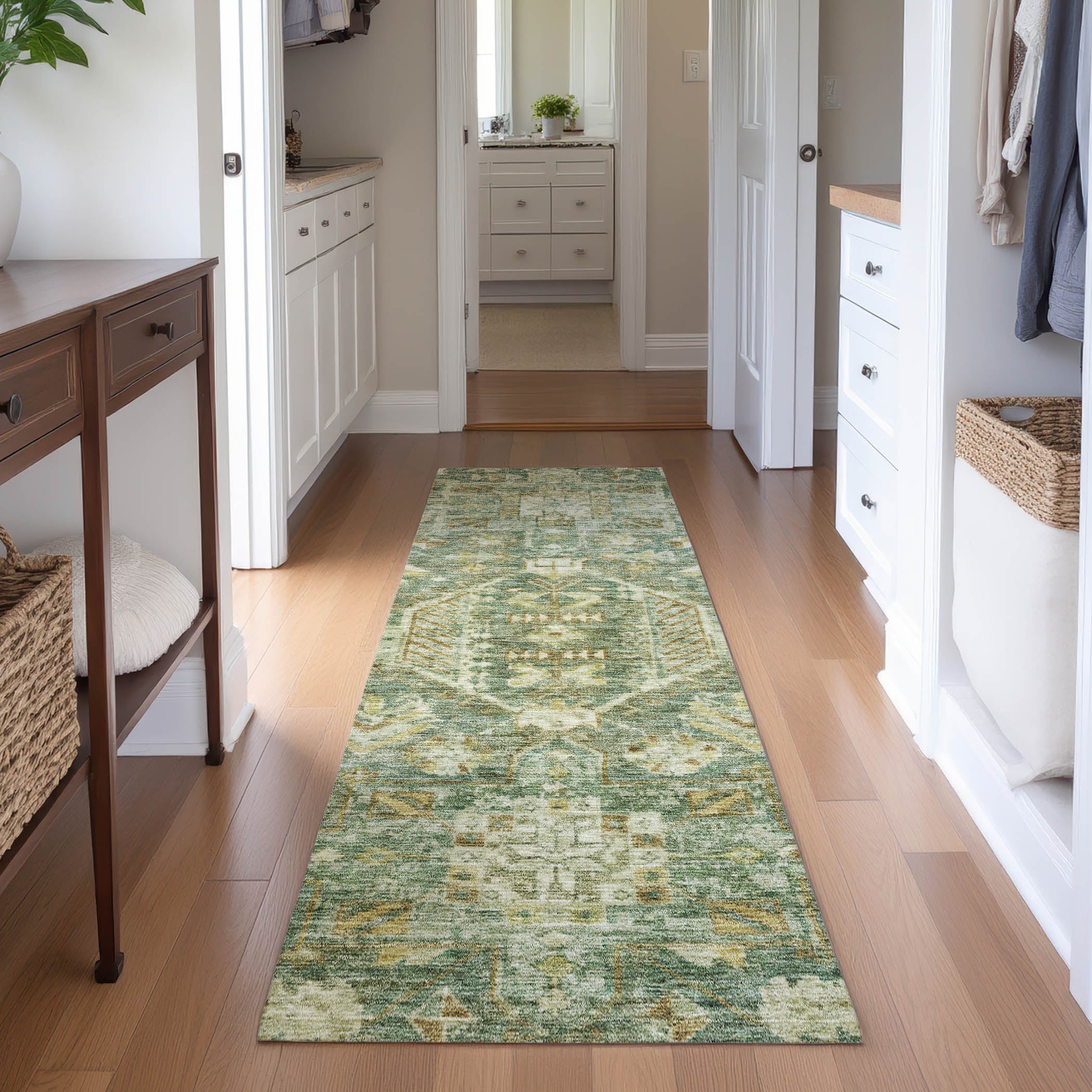 Hoi An Machine Washable Transitional Fern Green Rug 2'3" x 7'6" #shape_Runner