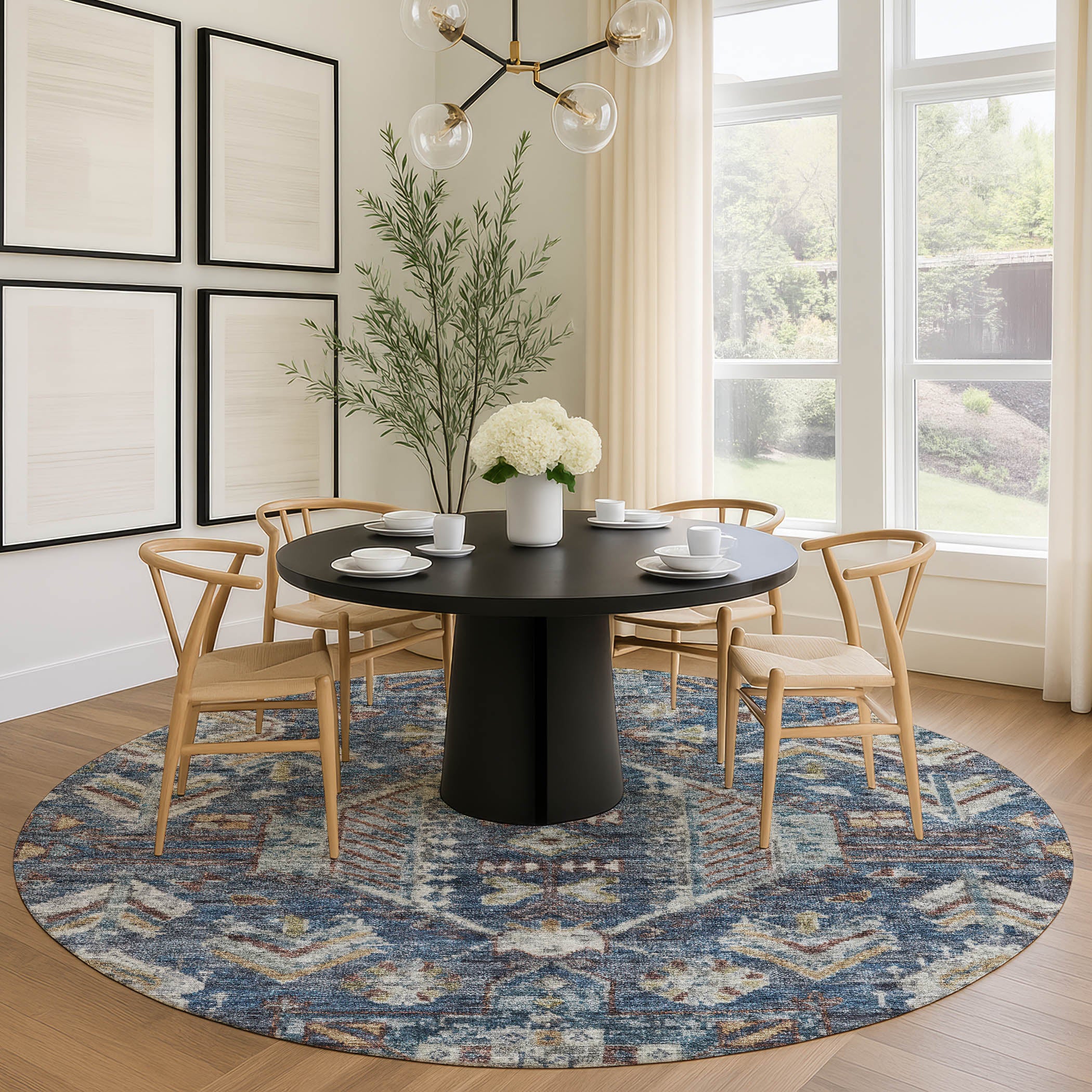Hoi An Machine Washable Transitional Navy Blue Rug 8' x 8' #shape_Round