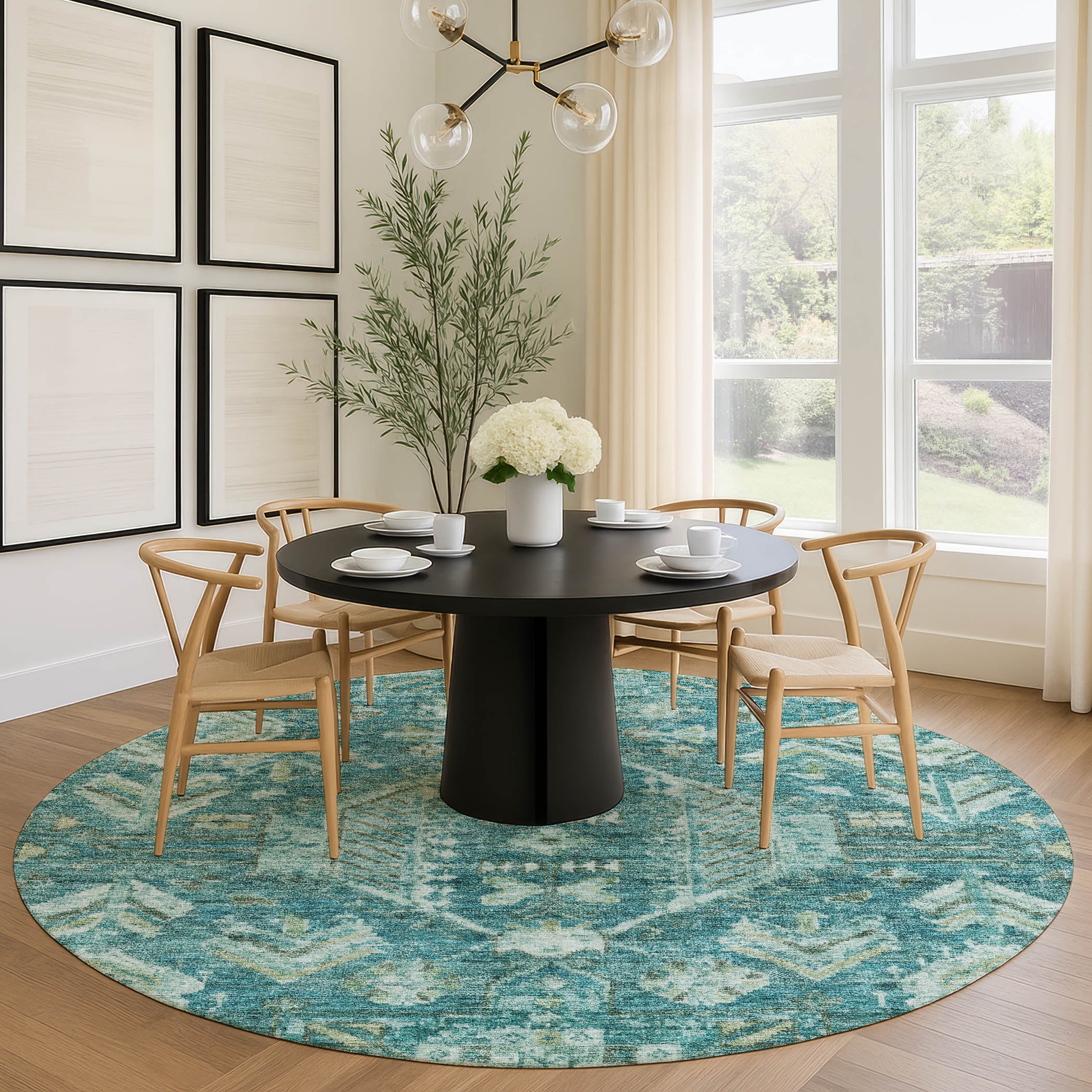 Hoi An Machine Washable Traditional Turquoise Teal Rug 8' x 8' #shape_Round