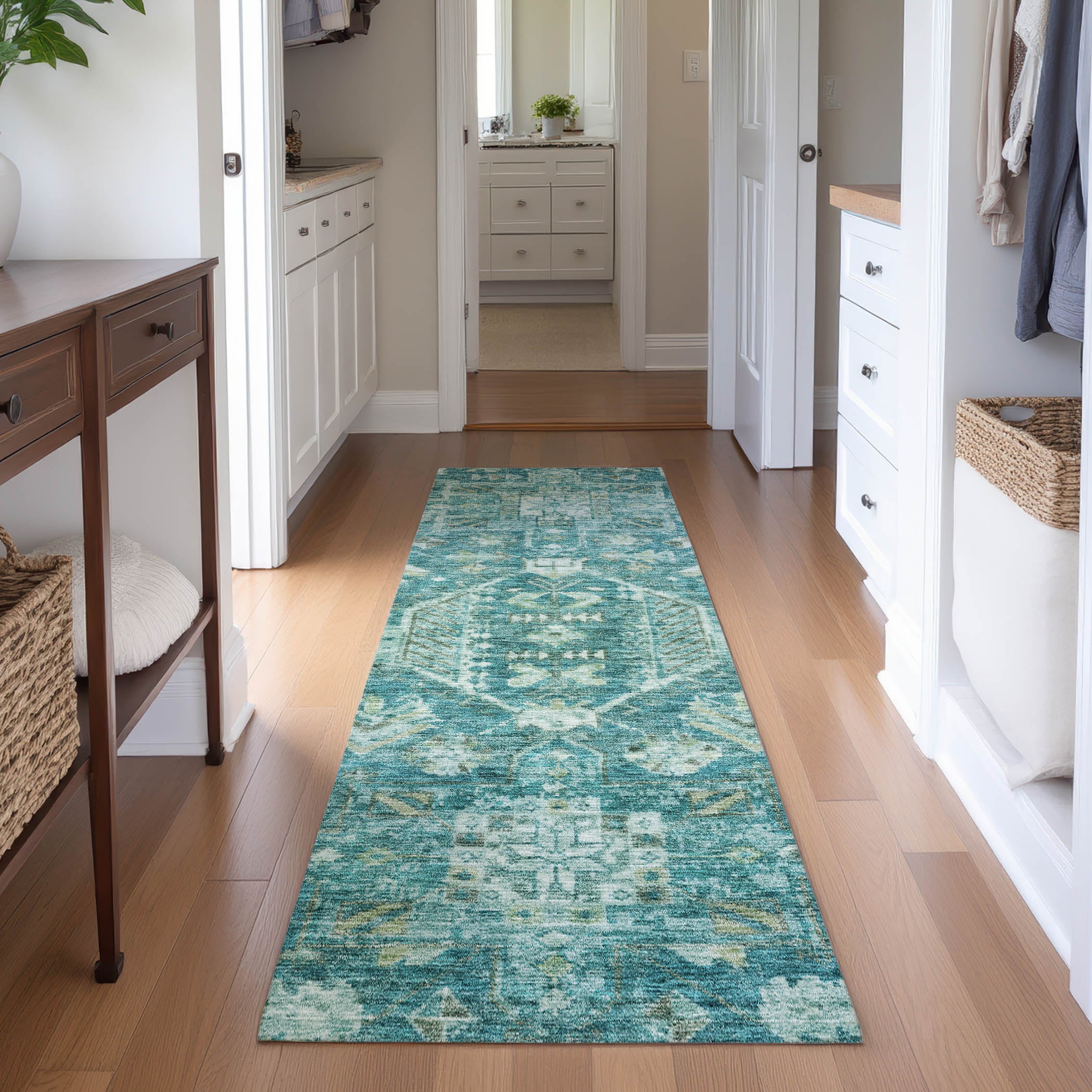 Hoi An Machine Washable Traditional Turquoise Teal Rug 2'3" x 7'6" #shape_Runner