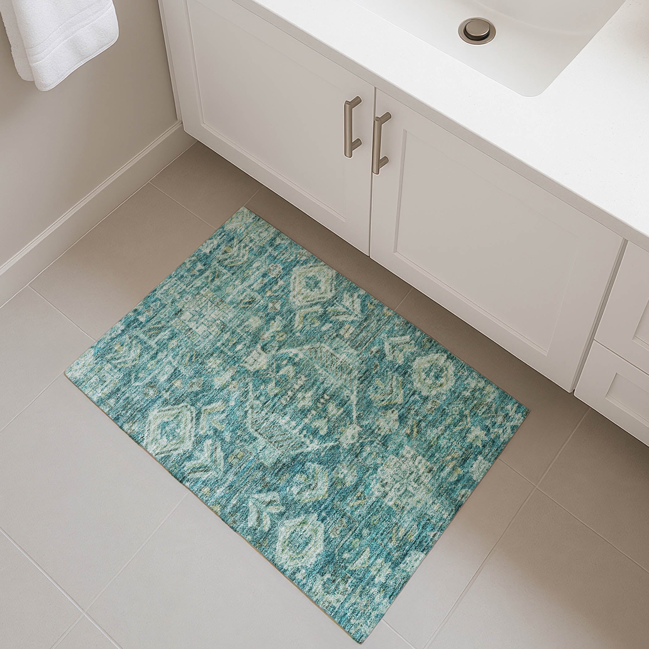 Hoi An Machine Washable Traditional Turquoise Teal Rug 1'8" x 2'6" #shape_Rectangle