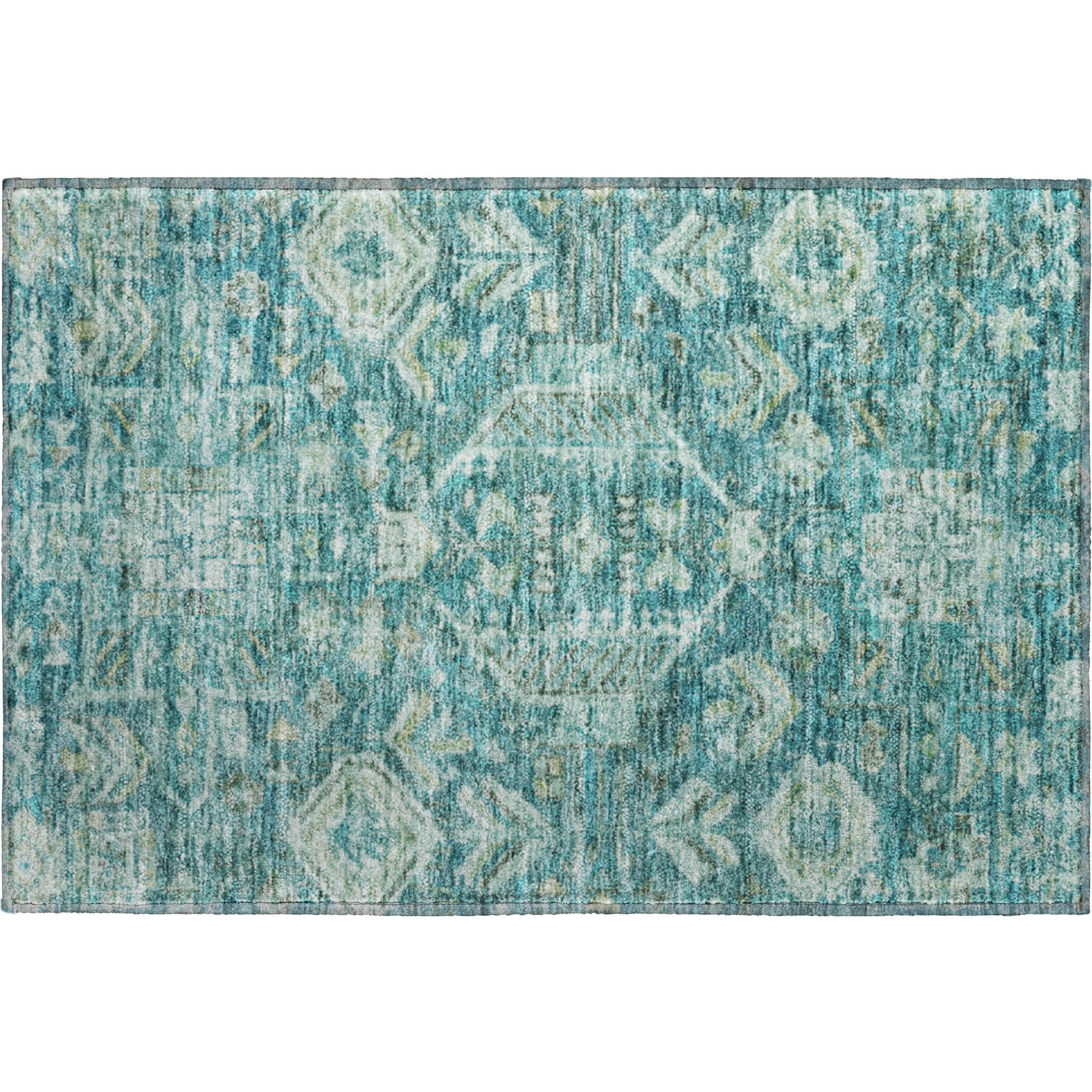 Hoi An Machine Washable Traditional Turquoise Teal Rug 1'8" x 2'6" #shape_Rectangle
