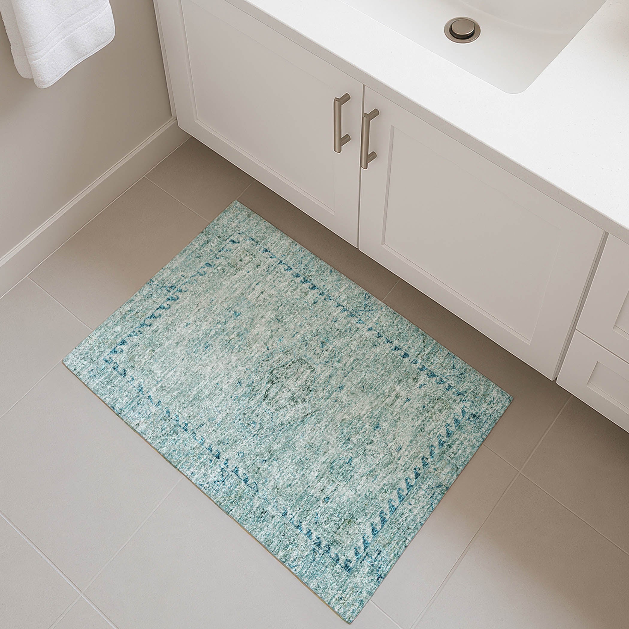 Sarajevo Machine Washable Traditional Aqua Teal Rug 1'8" x 2'6" #shape_Rectangle