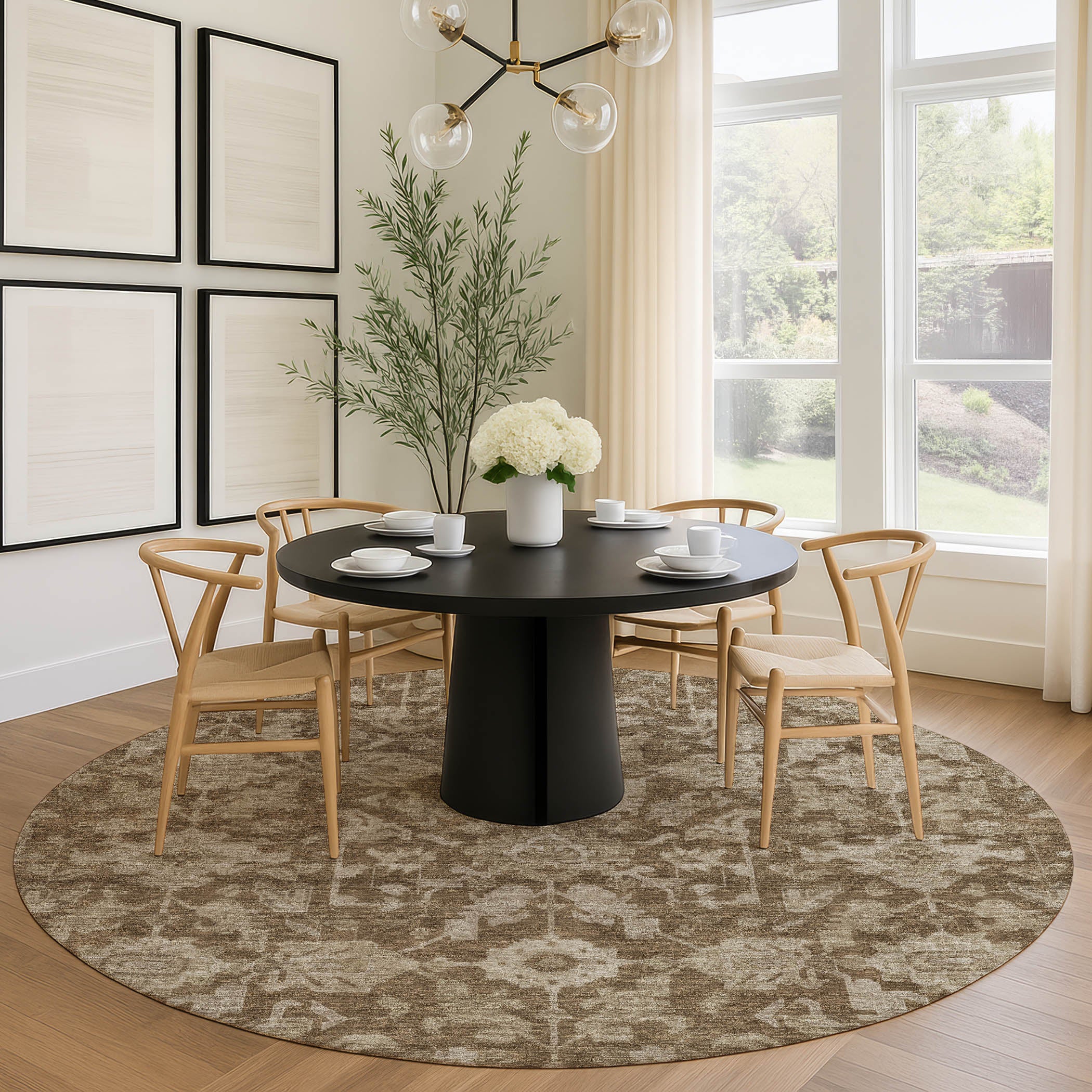 Sarajevo Machine Washable Traditional Brown Rug 8' x 8' #shape_Round