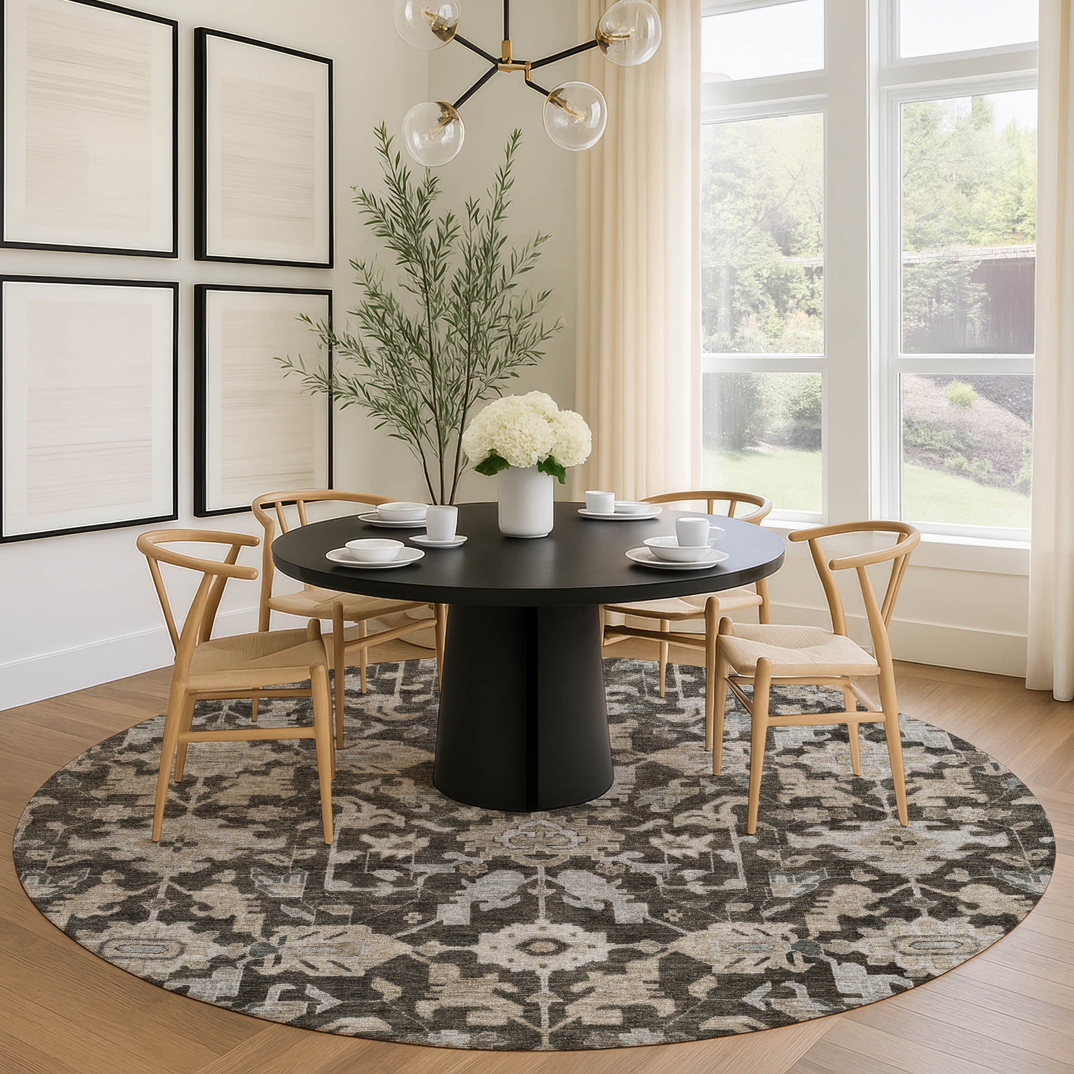 Sarajevo Machine Washable Traditional Chocolate Brown Rug 8' x 8' #shape_Round
