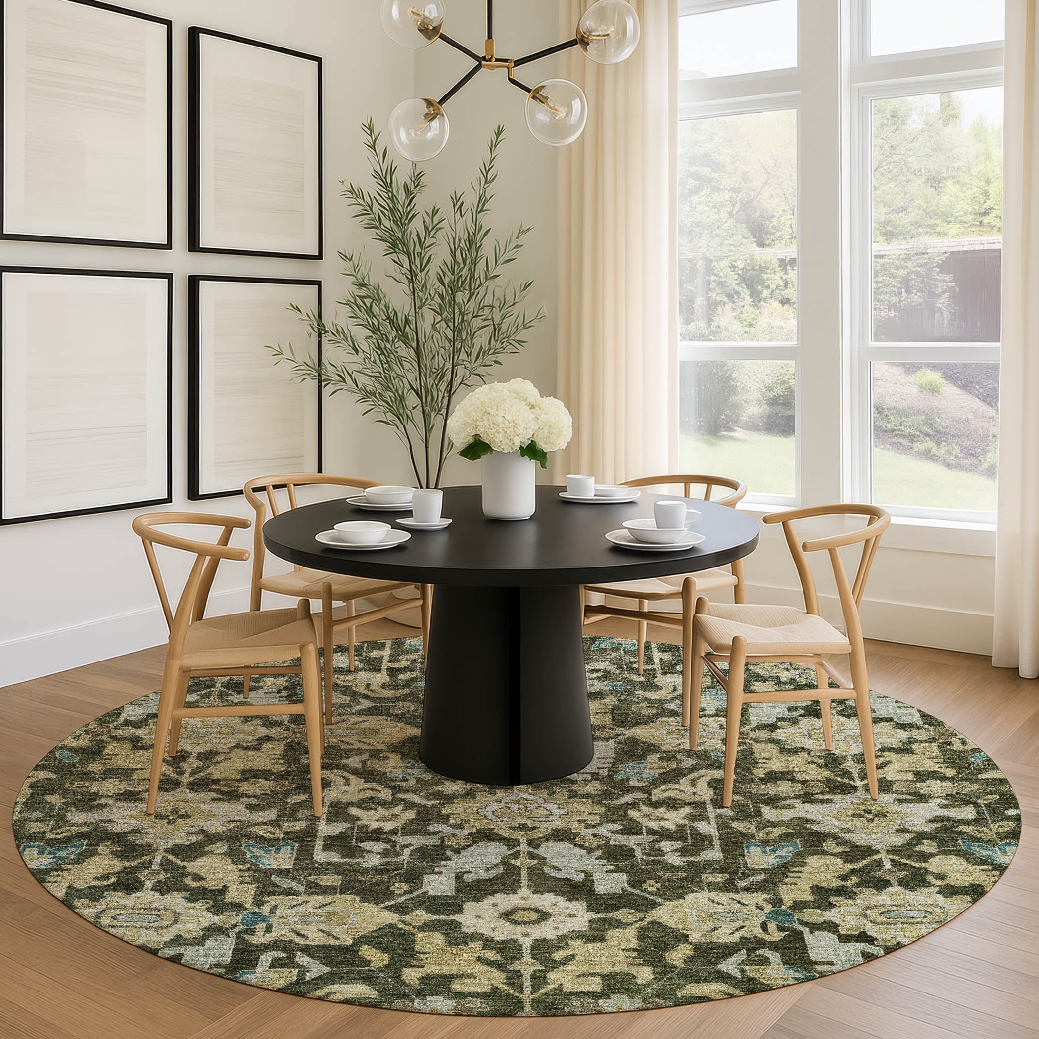 Sarajevo Machine Washable Traditional Olive Green Rug 8' x 8' #shape_Round