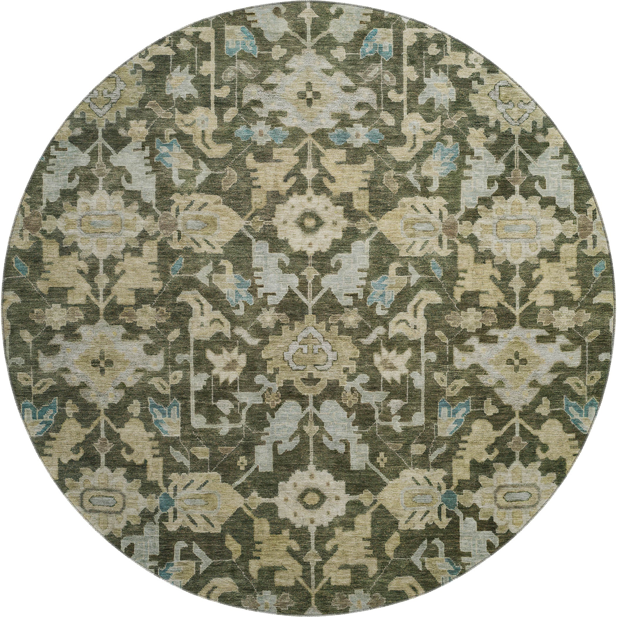 Sarajevo Machine Washable Traditional Olive Green Rug 8' x 8' #shape_Round