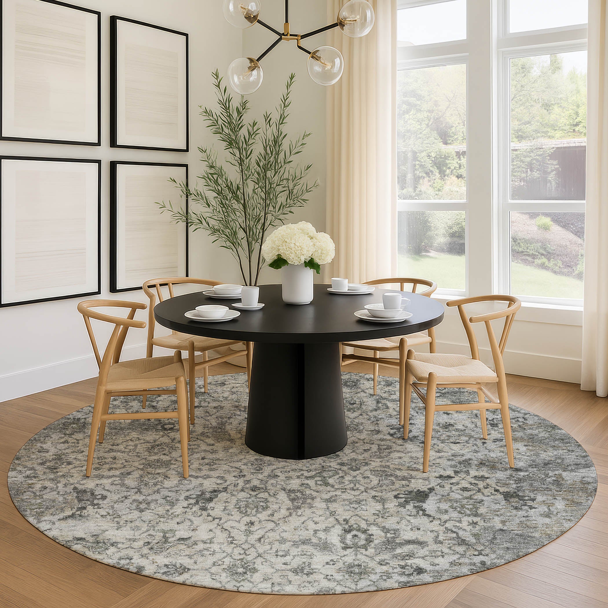 Mdina Machine Washable Traditional Beige Brown Rug 8' x 8' #shape_Round