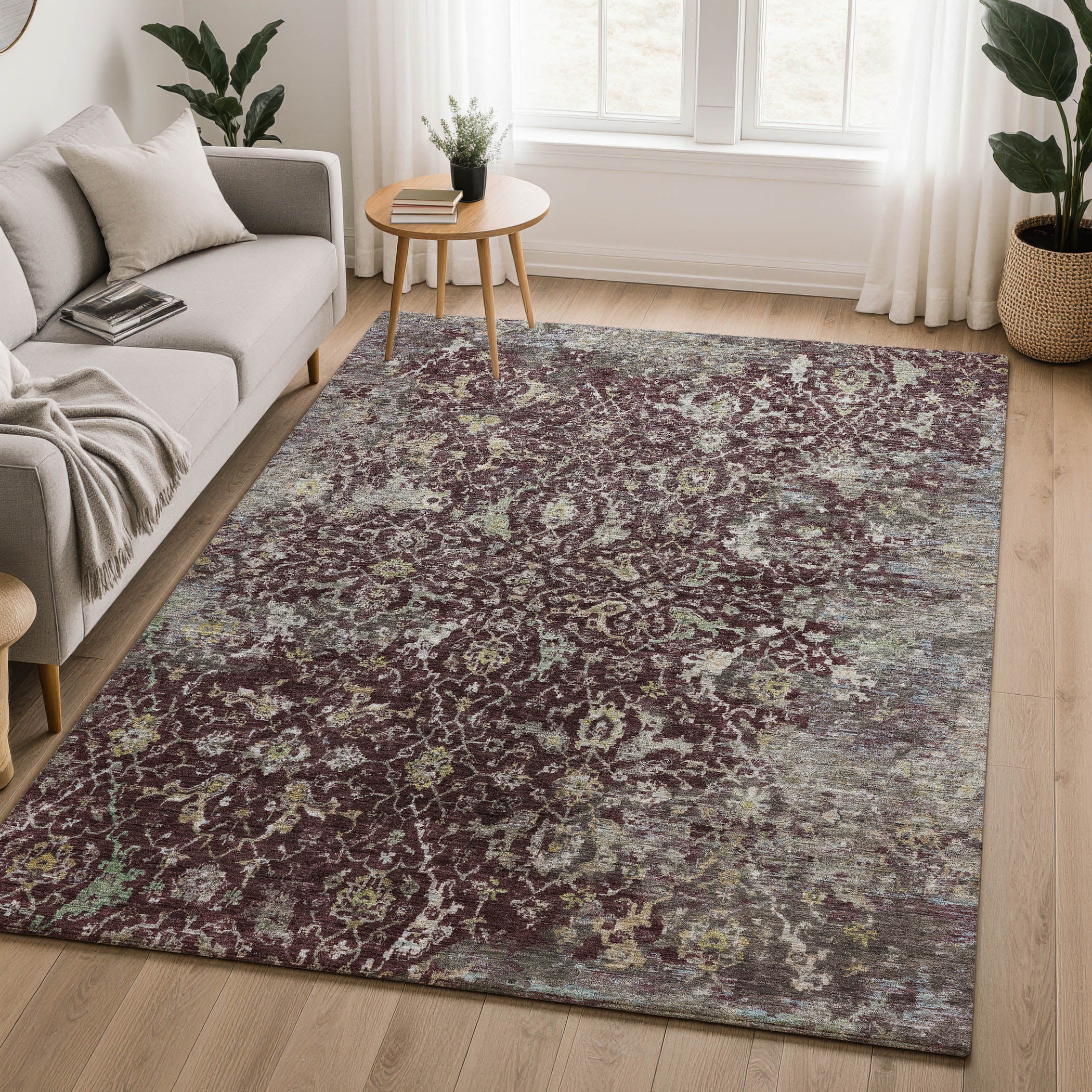 Mdina Machine Washable Transitional Burgundy Red Rug 3' x 5' #shape_Rectangle