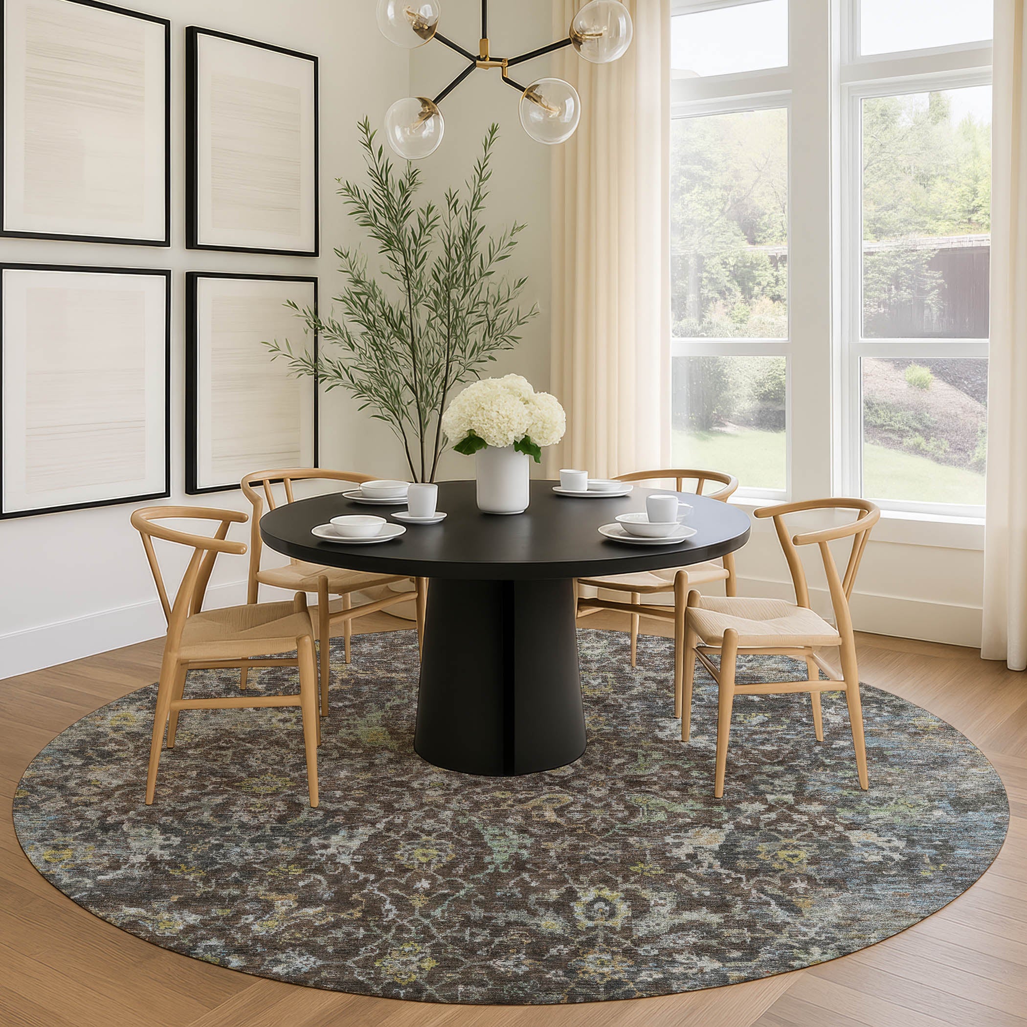 Mdina Machine Washable Transitional Chocolate Brown Rug 8' x 8' #shape_Round