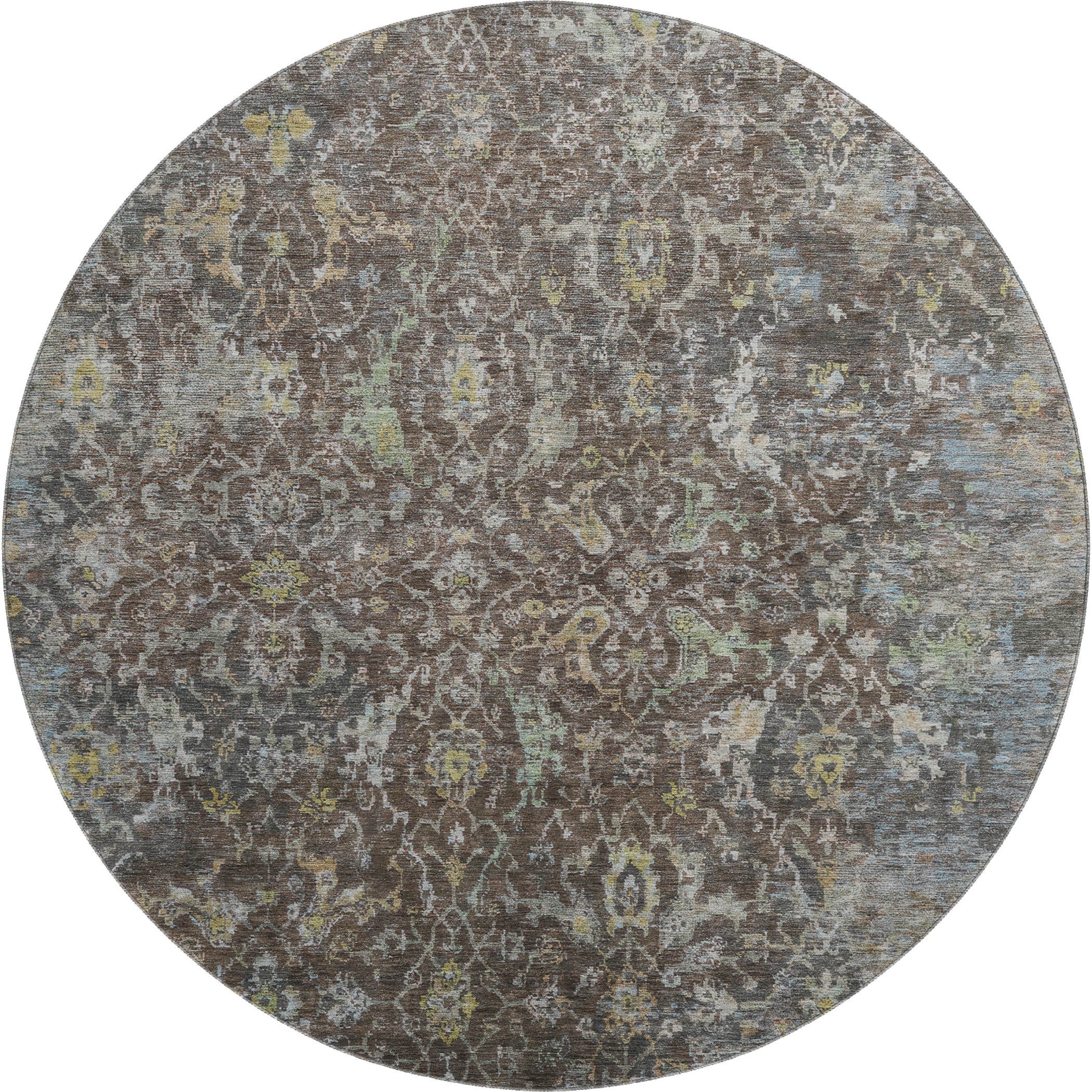 Mdina Machine Washable Transitional Chocolate Brown Rug 8' x 8' #shape_Round