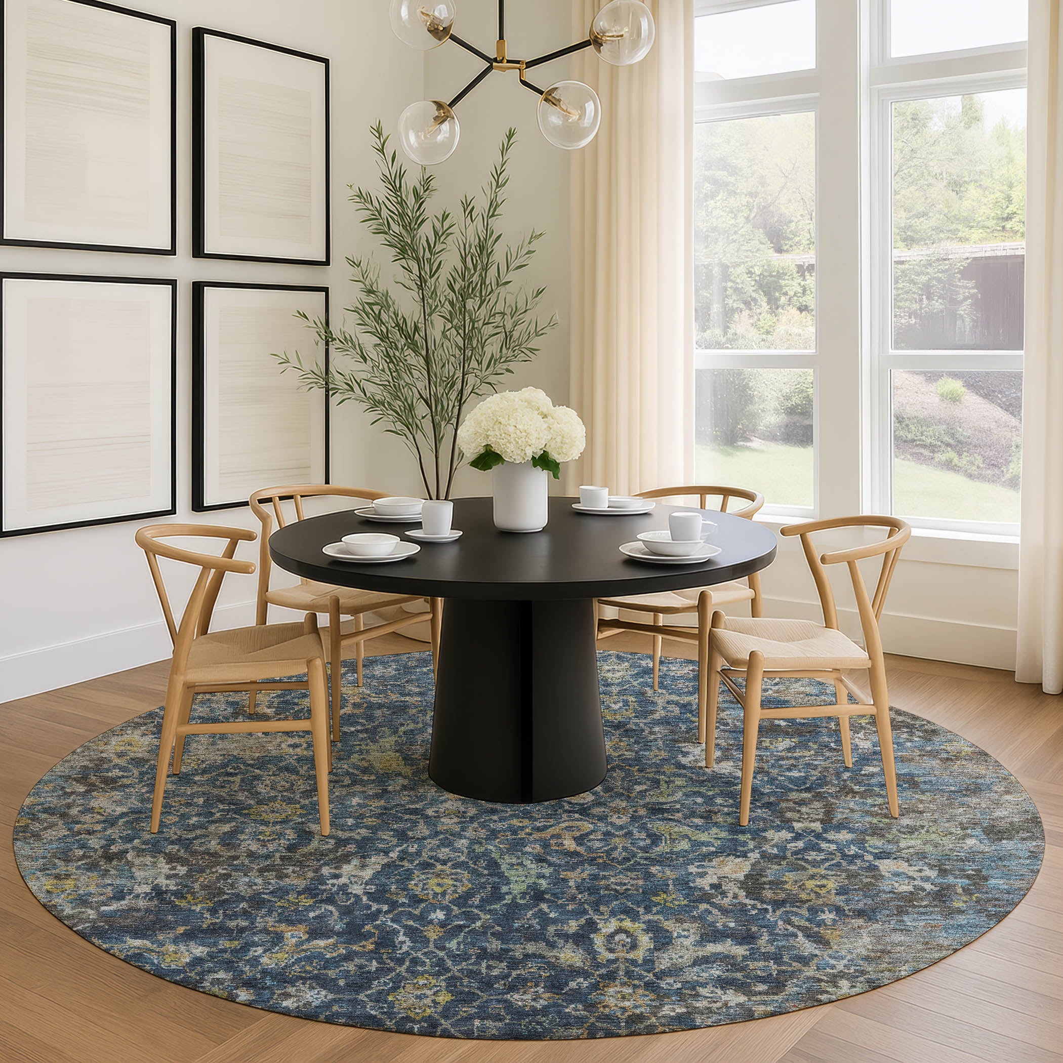 Mdina Machine Washable Transitional Navy Blue Rug 8' x 8' #shape_Round