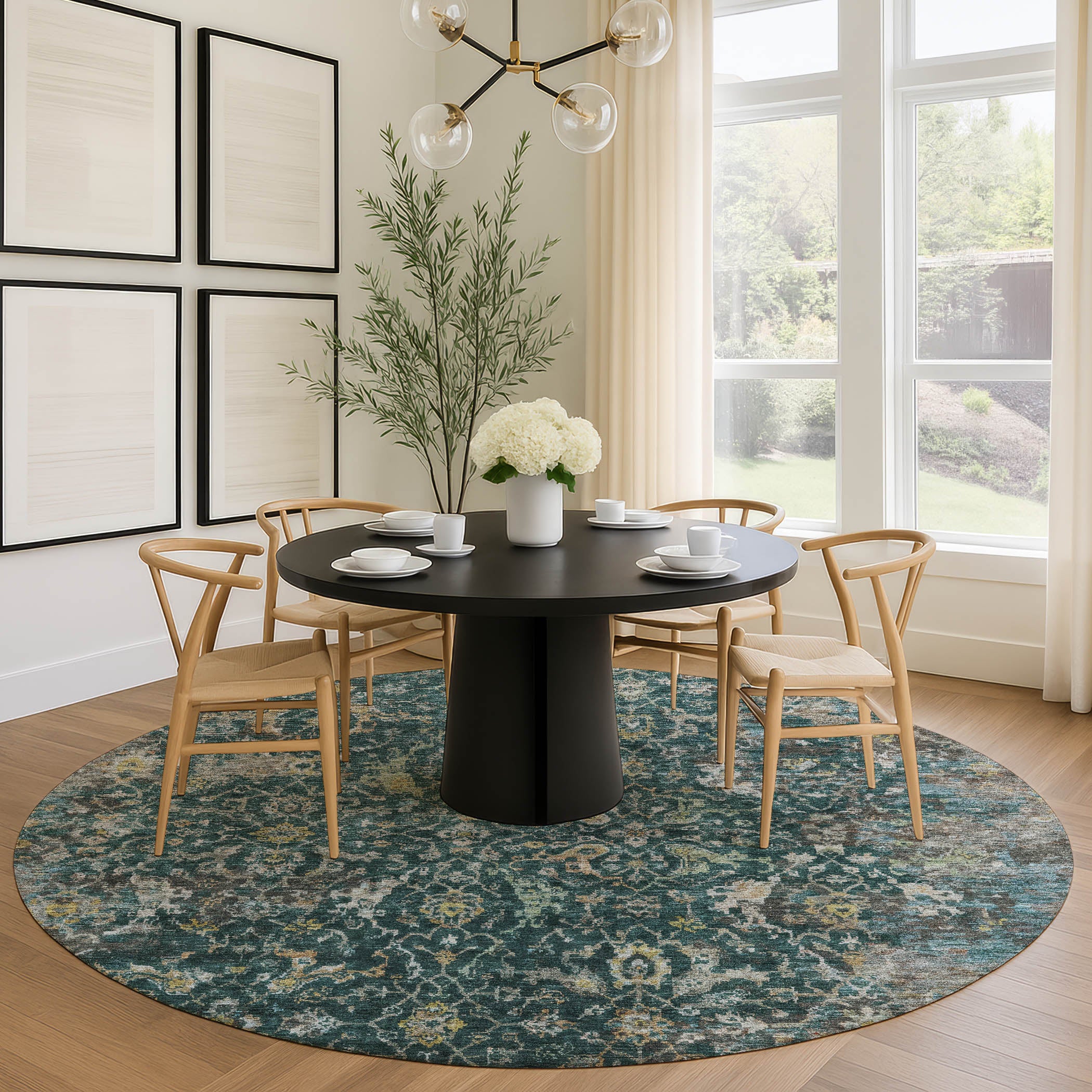 Mdina Machine Washable Transitional Teal Rug 8' x 8' #shape_Round
