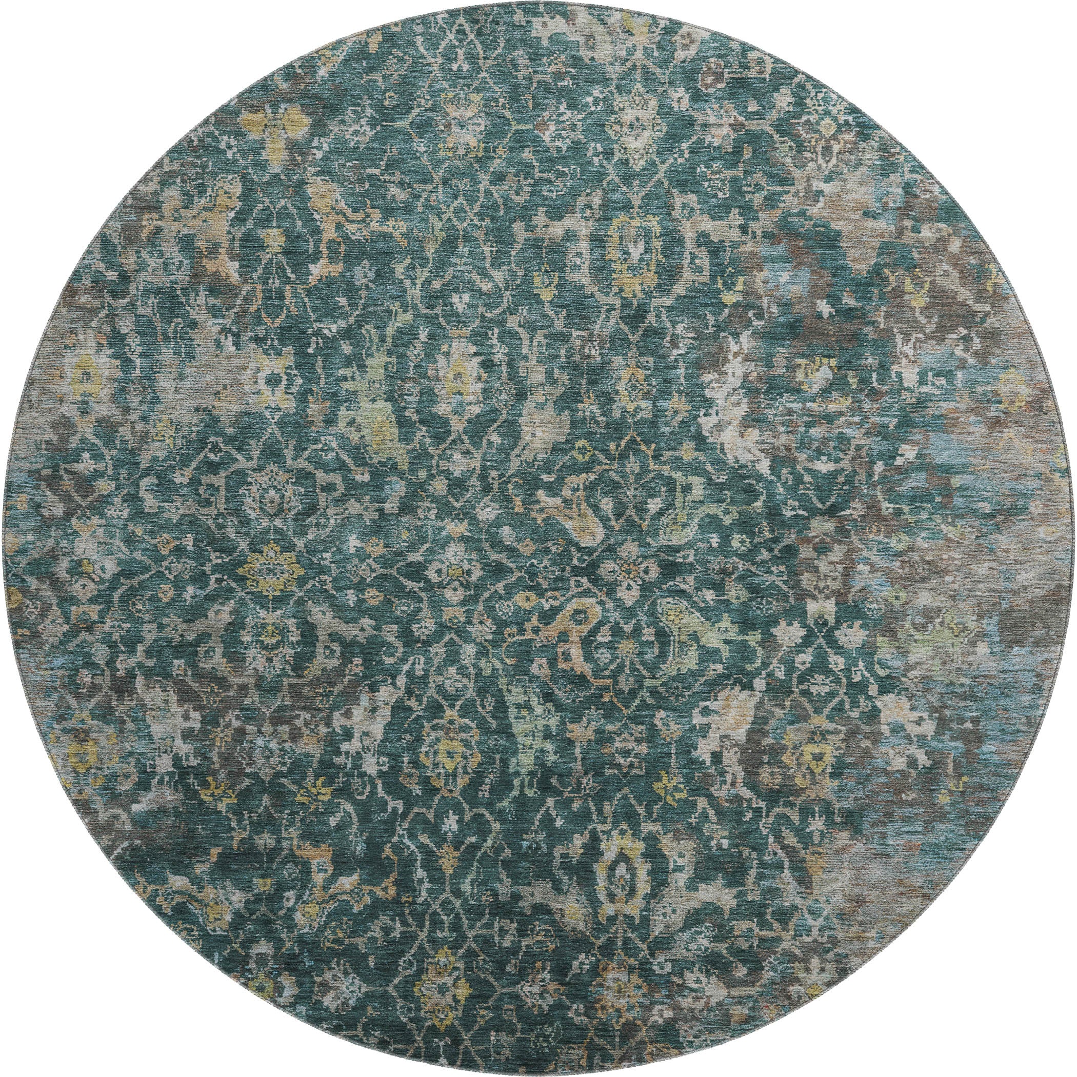 Mdina Machine Washable Transitional Teal Rug 8' x 8' #shape_Round