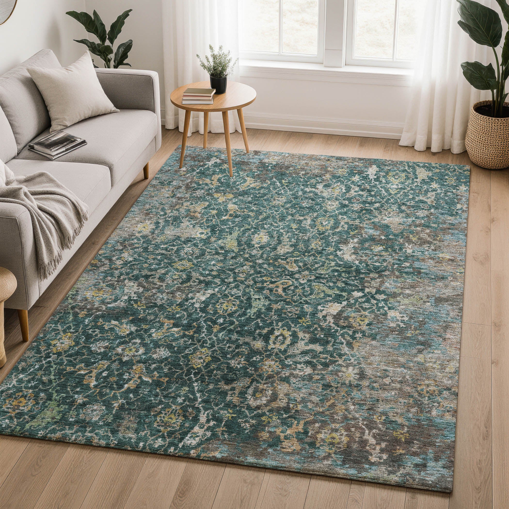 Mdina Machine Washable Transitional Teal Rug 3' x 5' #shape_Rectangle