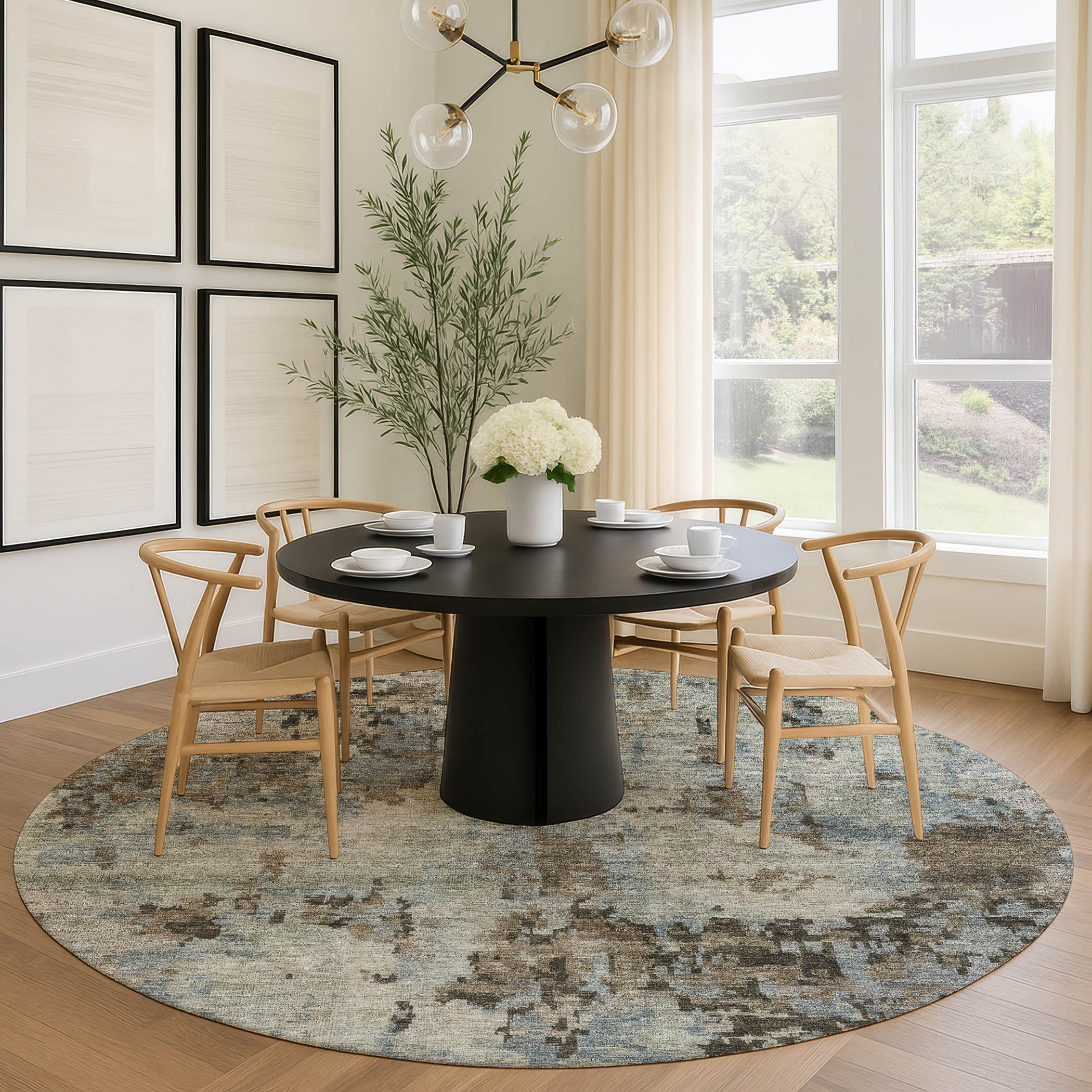 Cairo Machine Washable Transitional Beige Brown Rug 8' x 8' #shape_Round