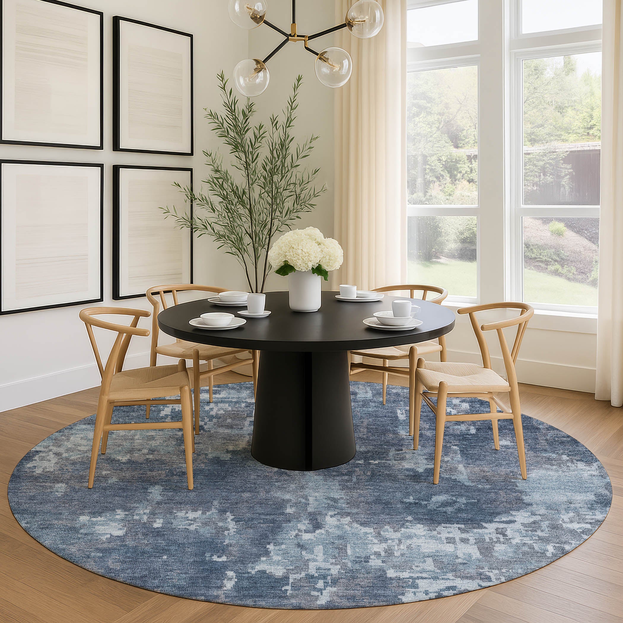 Kotor Machine Washable Transitional Blue Rug 8' x 8' #shape_Round