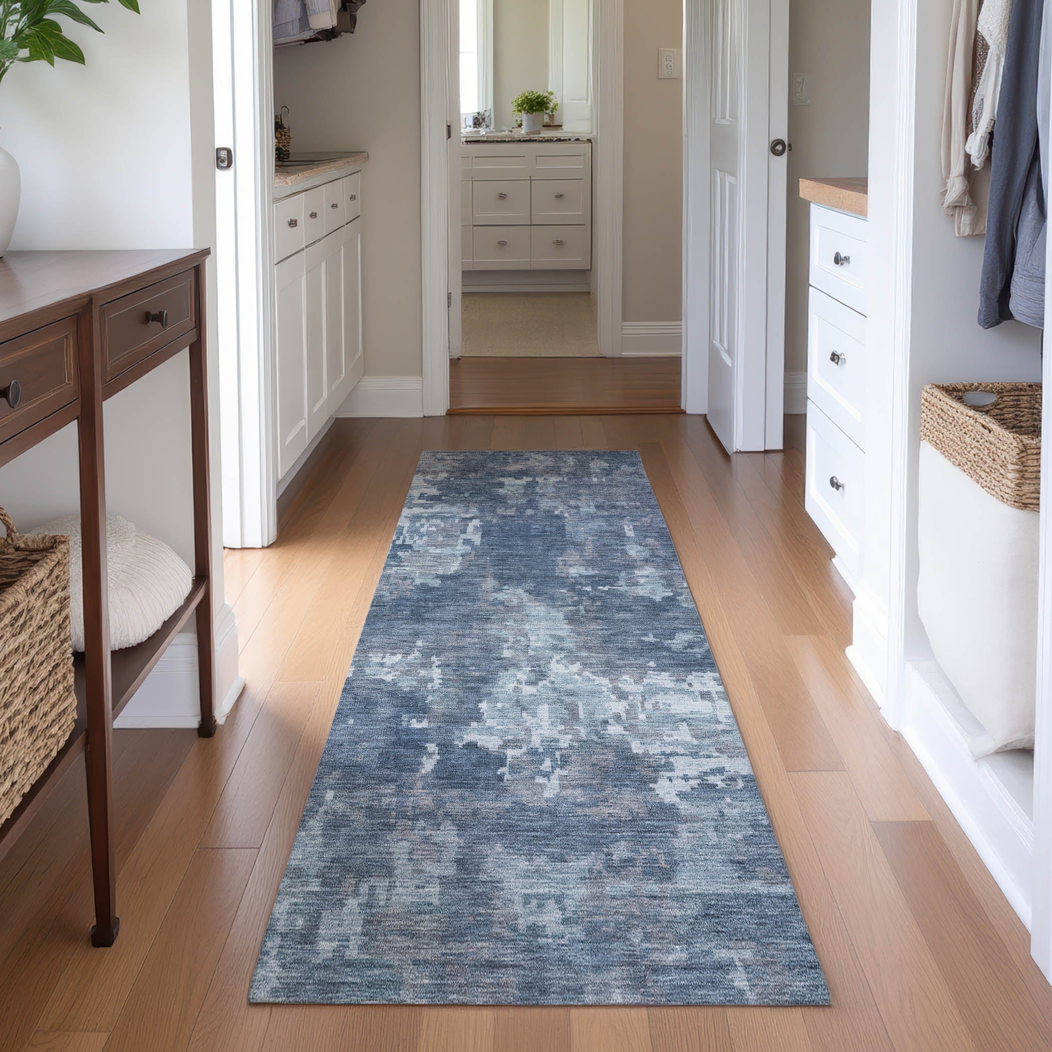 Kotor Machine Washable Transitional Blue Rug 2'3" x 7'6" #shape_Runner