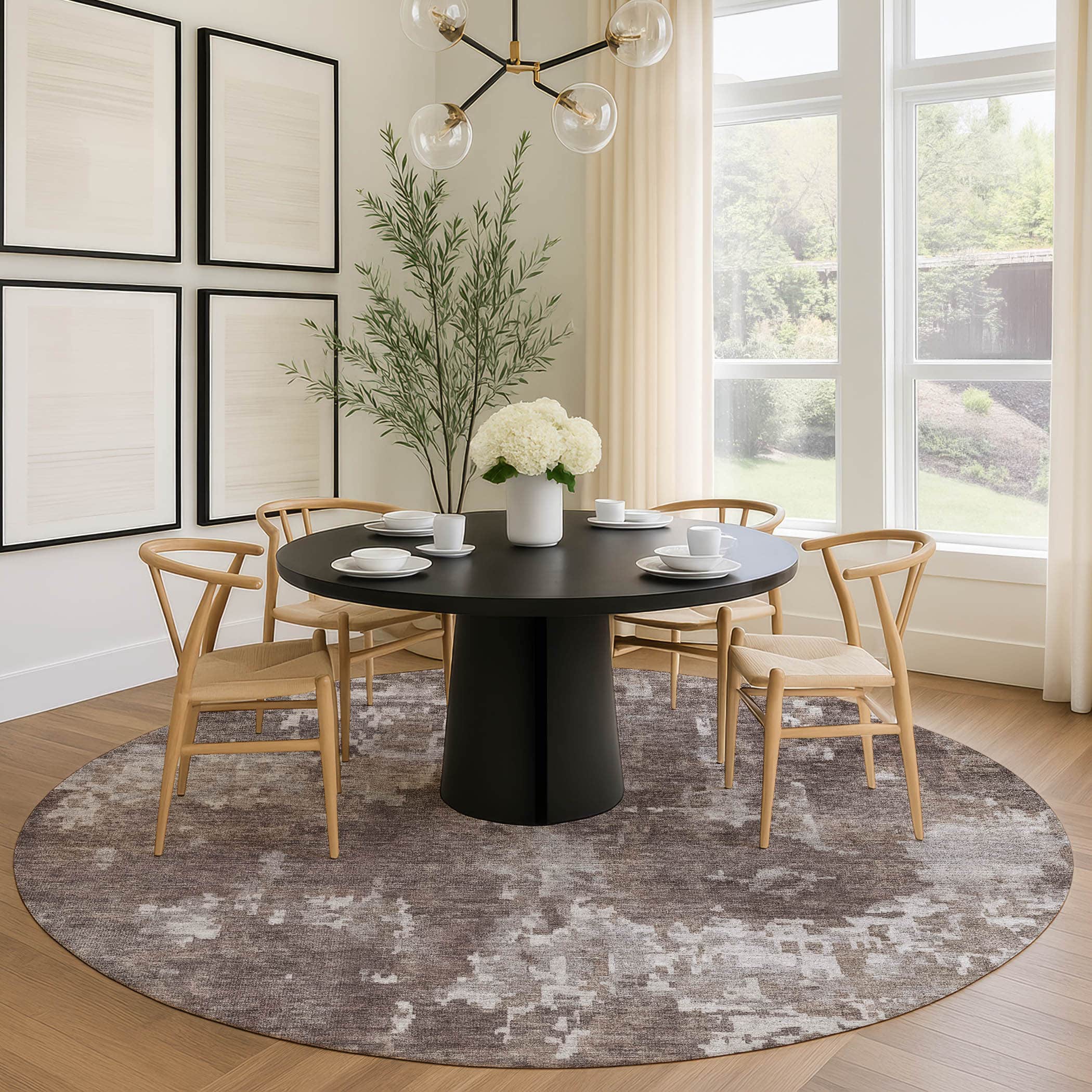 Kotor Machine Washable Transitional Brown Rug 8' x 8' #shape_Round