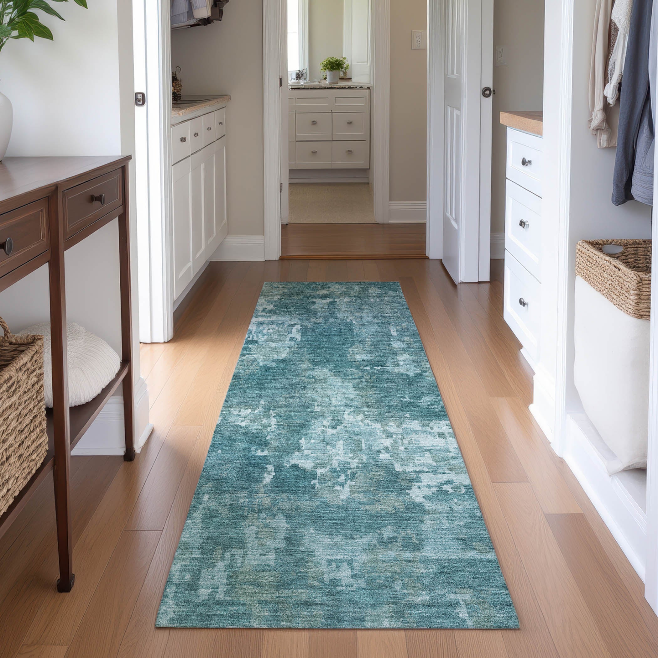 Kotor Machine Washable Transitional Teal Rug 2'3" x 7'6" #shape_Runner