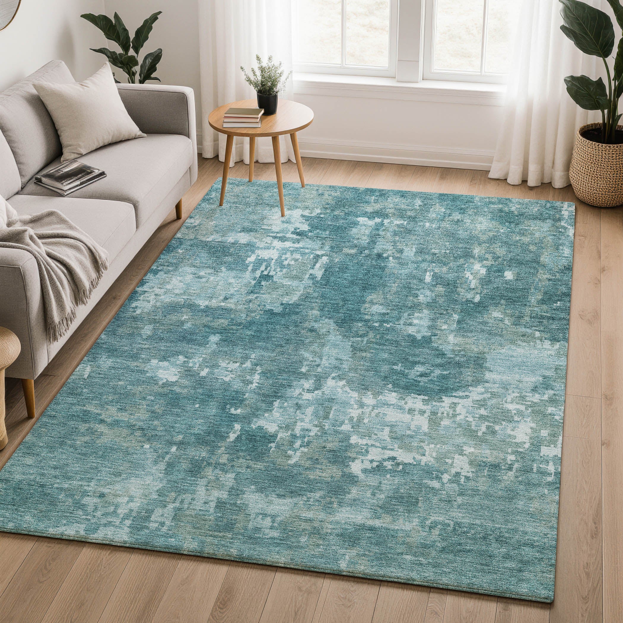 Kotor Machine Washable Transitional Teal Rug 3' x 5' #shape_Rectangle