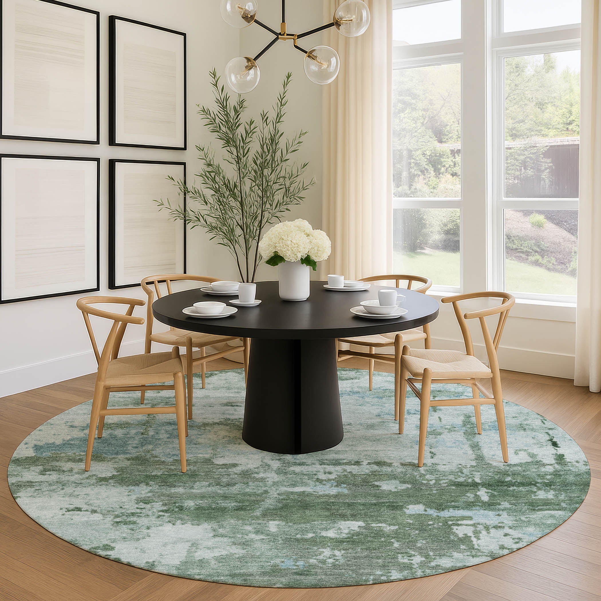 Kyoto Machine Washable Transitional Aloe Green Rug 8' x 8' #shape_Round
