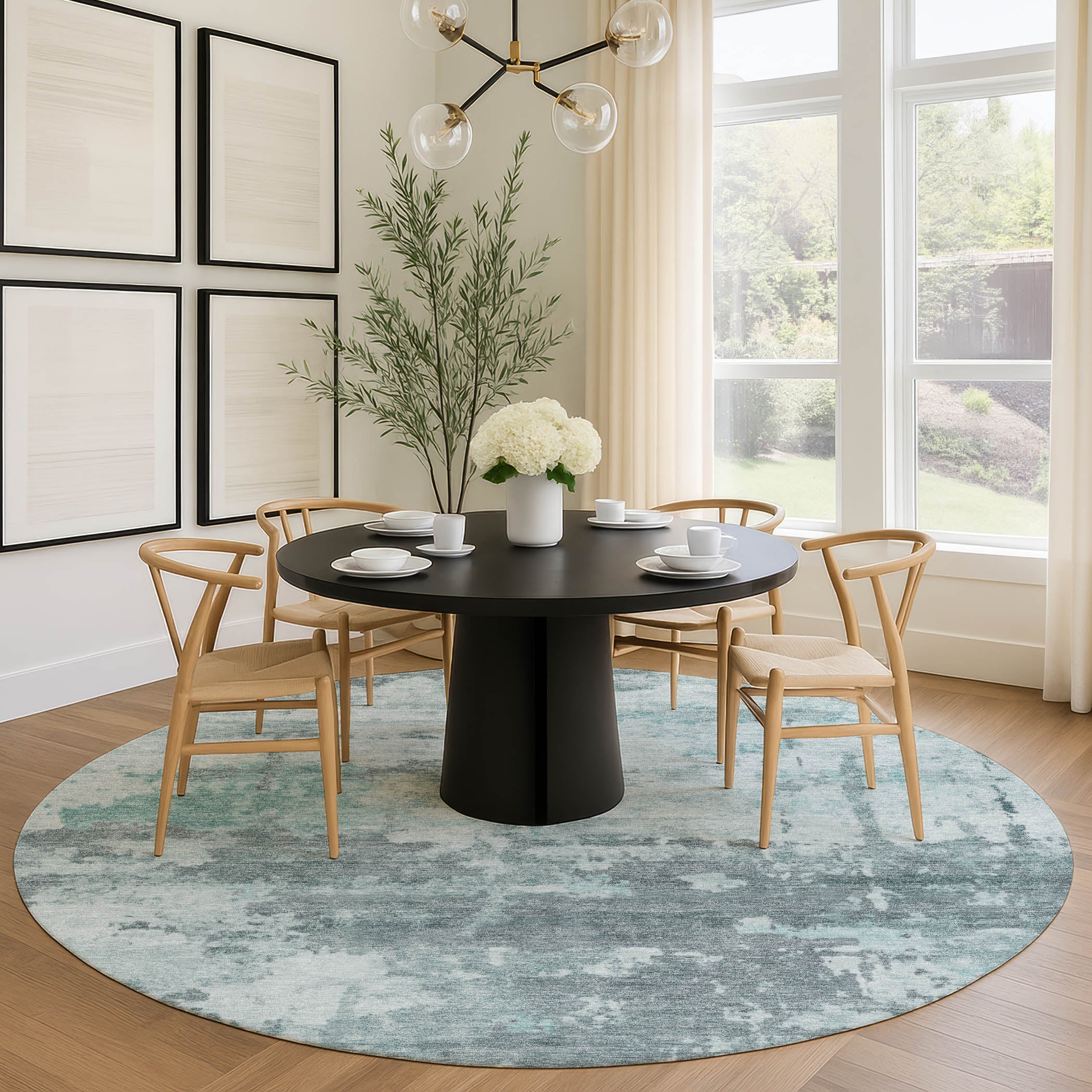 Kyoto Machine Washable Transitional Aqua Teal Rug 8' x 8' #shape_Round