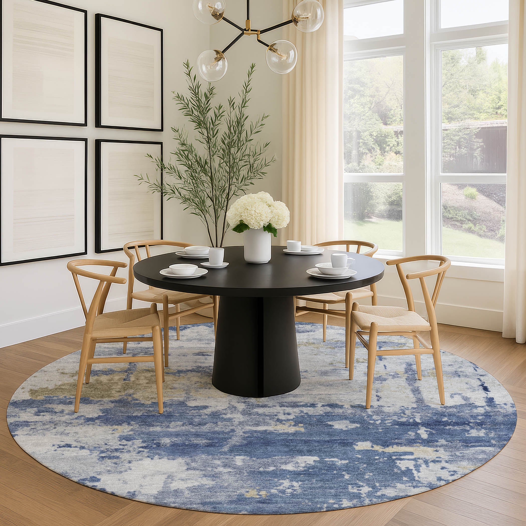Kyoto Machine Washable Transitional Navy Blue Rug 8' x 8' #shape_Round
