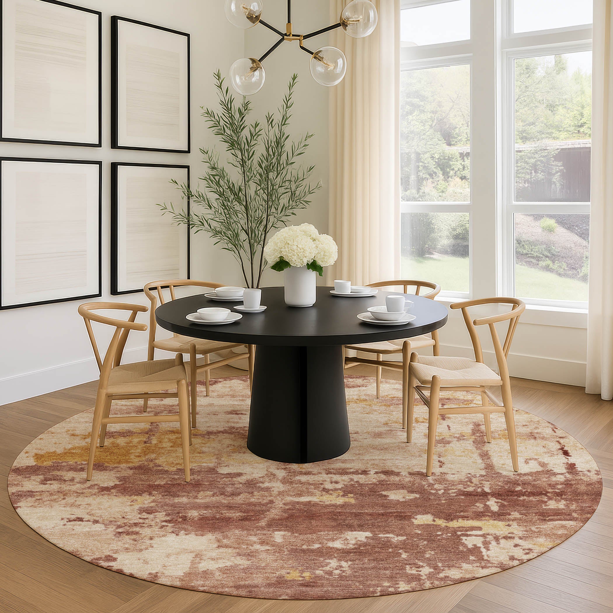 Kyoto Machine Washable Transitional Paprika Orange Rug 8' x 8' #shape_Round