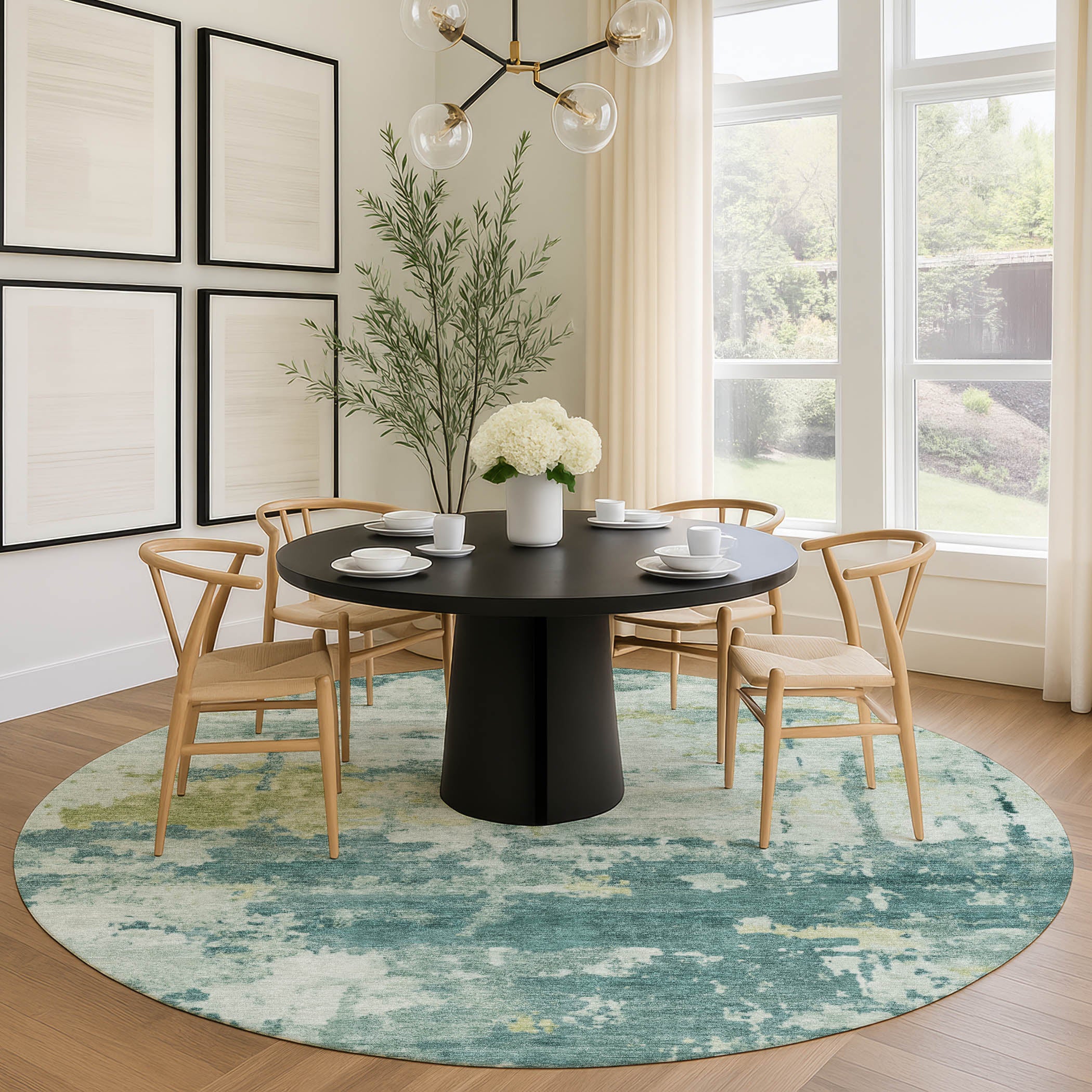 Kyoto Machine Washable Transitional Teal Rug 8' x 8' #shape_Round