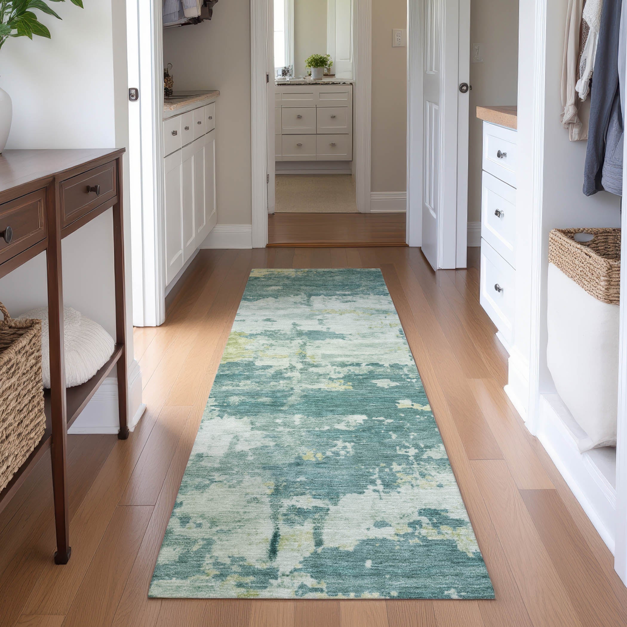 Kyoto Machine Washable Transitional Teal Rug 2'3" x 7'6" #shape_Runner