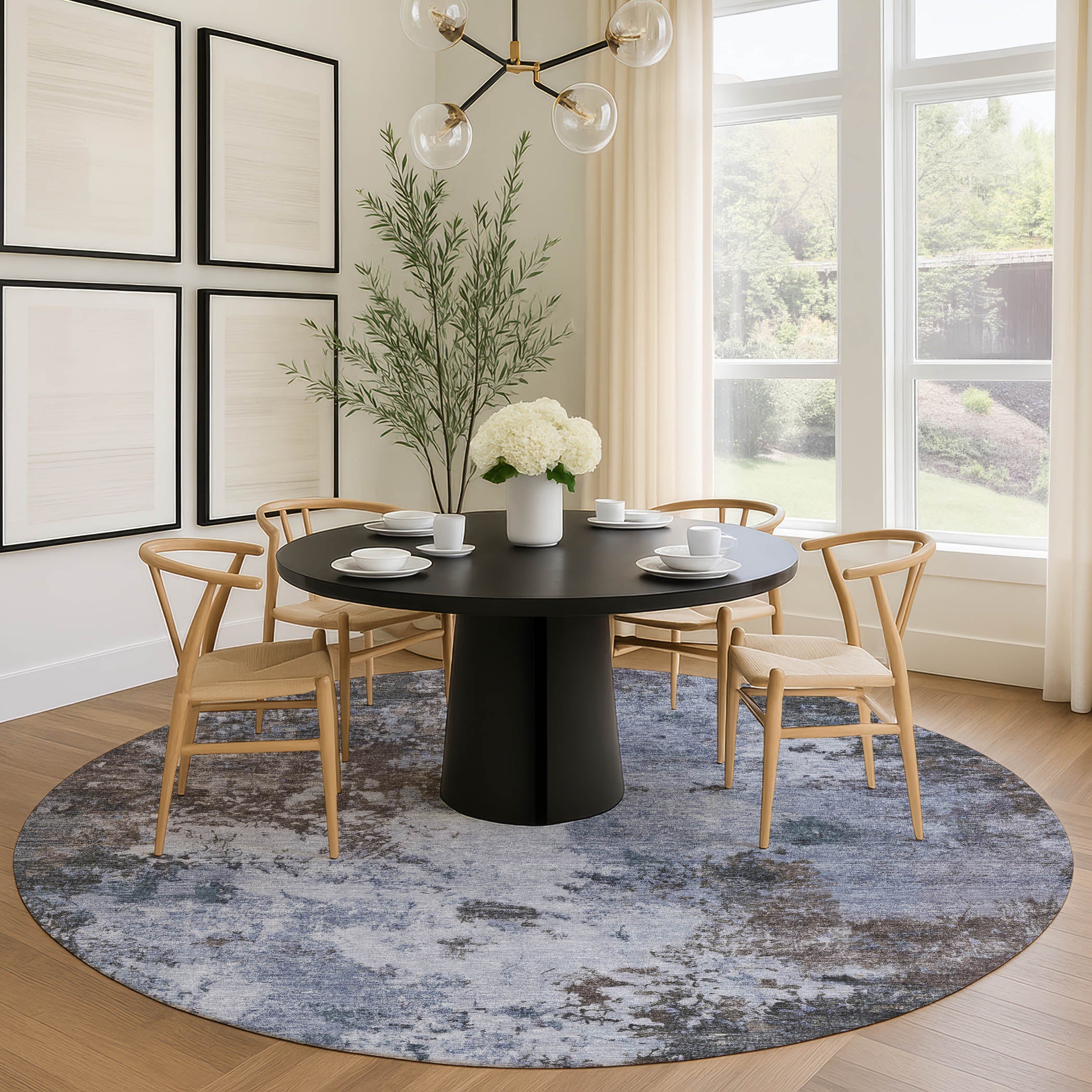 Luang Prabang Machine Washable Transitional Blue Rug 8' x 8' #shape_Round