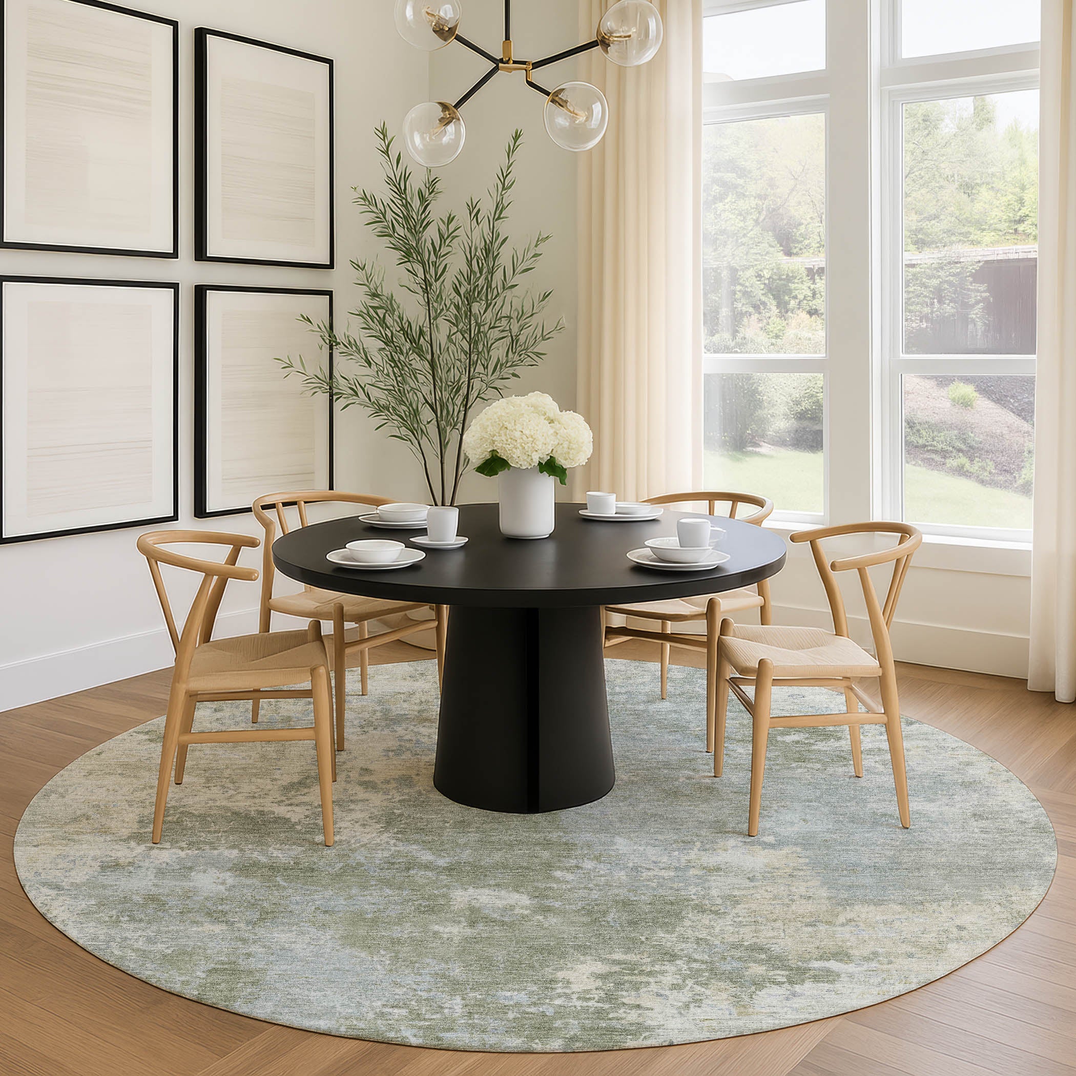 Tbilisi Machine Washable Transitional Sage Green Rug 8' x 8' #shape_Round