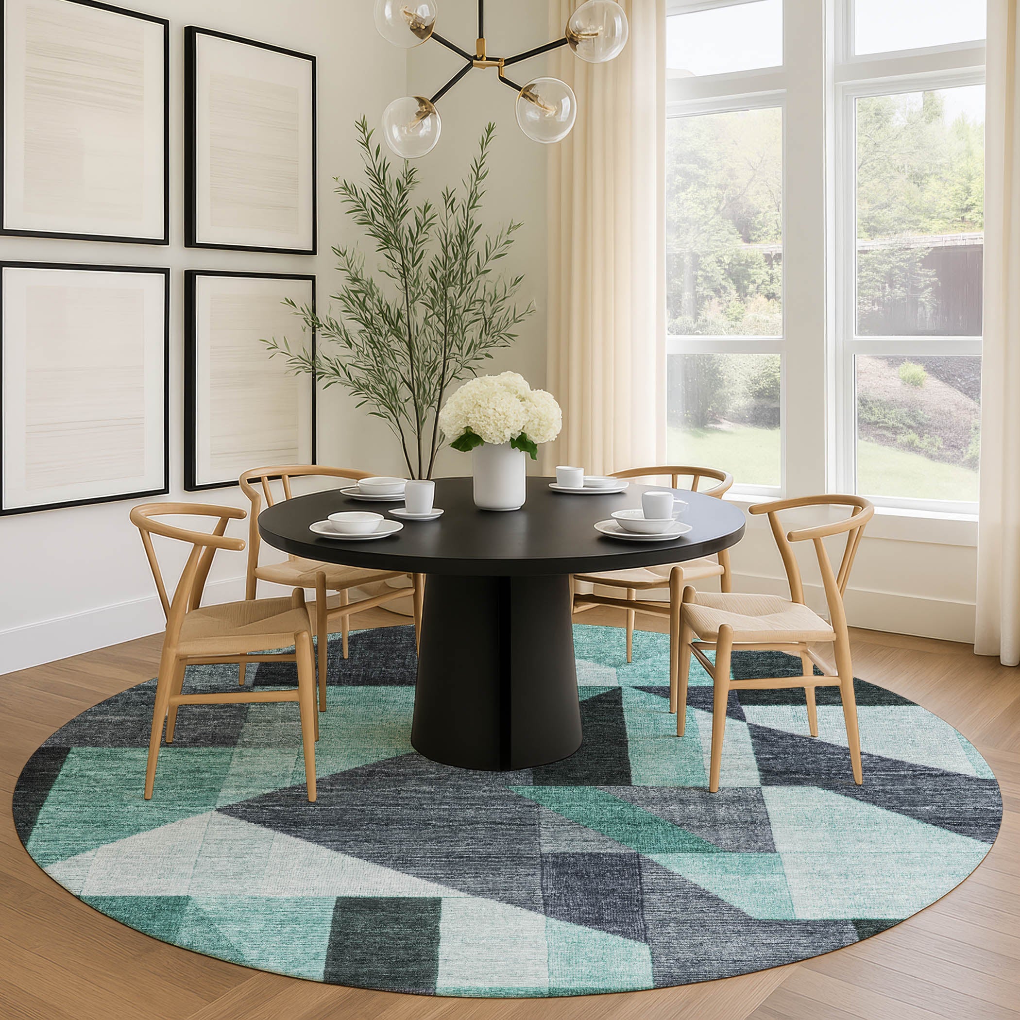 Athens Machine Washable Traditional Teal Rug 8' x 8' #shape_Round