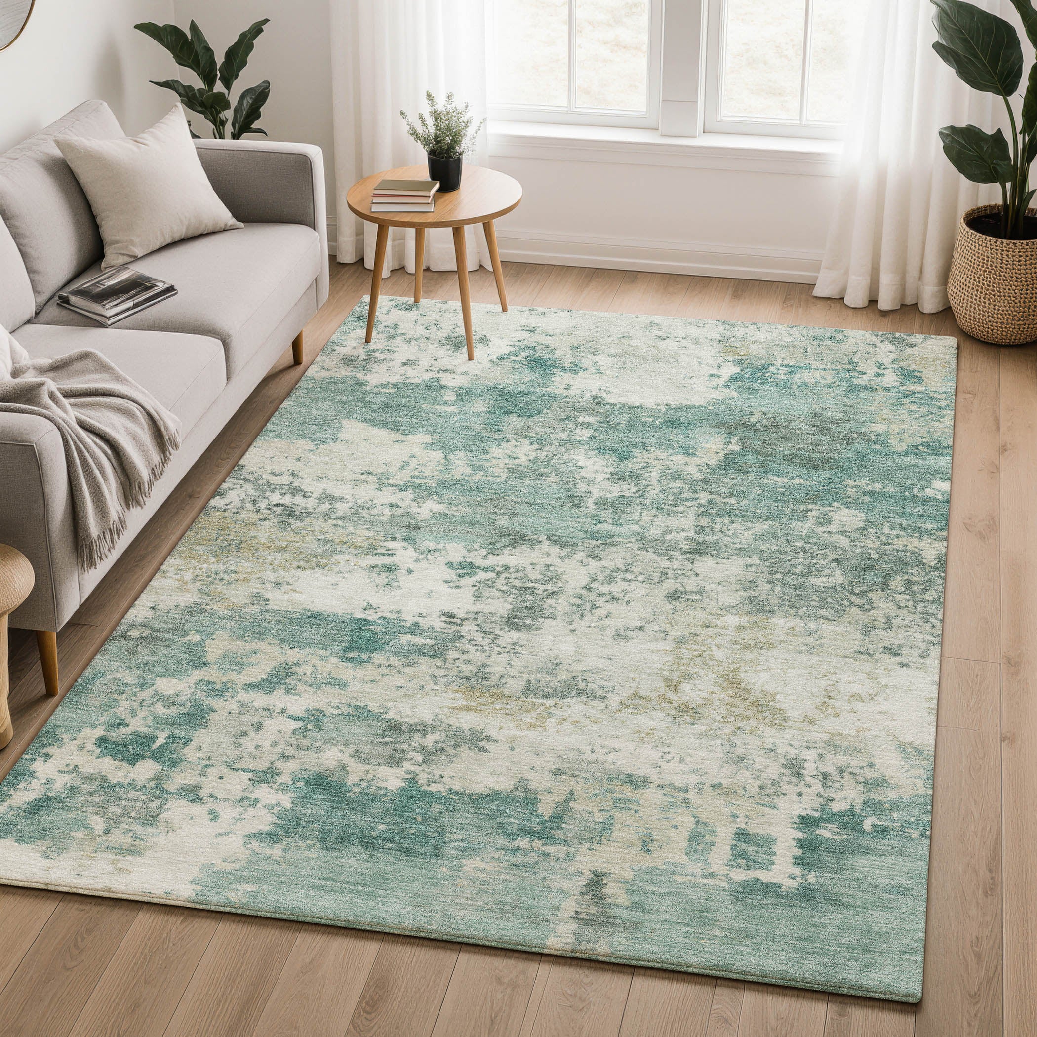 Split Machine Washable Traditional Aloe Green Rug 3' x 5' #shape_Rectangle